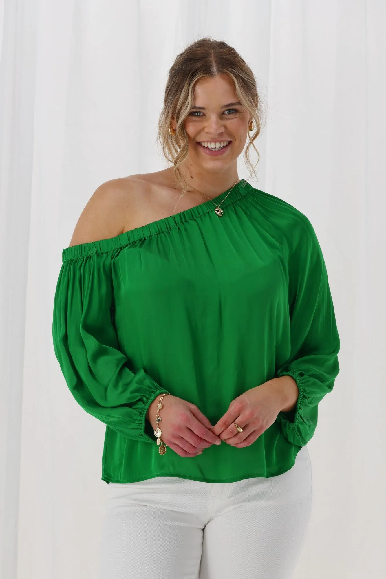 Celebrations By Shine On Amerie Off The Shoulder Top Satin Green Reflective Safety Accents Raw Edge Finish