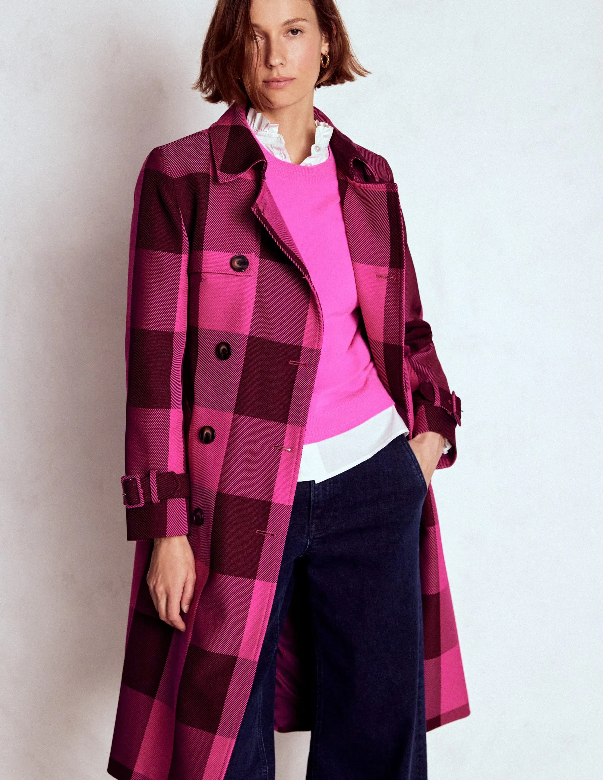 Cheltenham Trench Coat-Pink Peony, Chestnut Gingham Minimalist Design