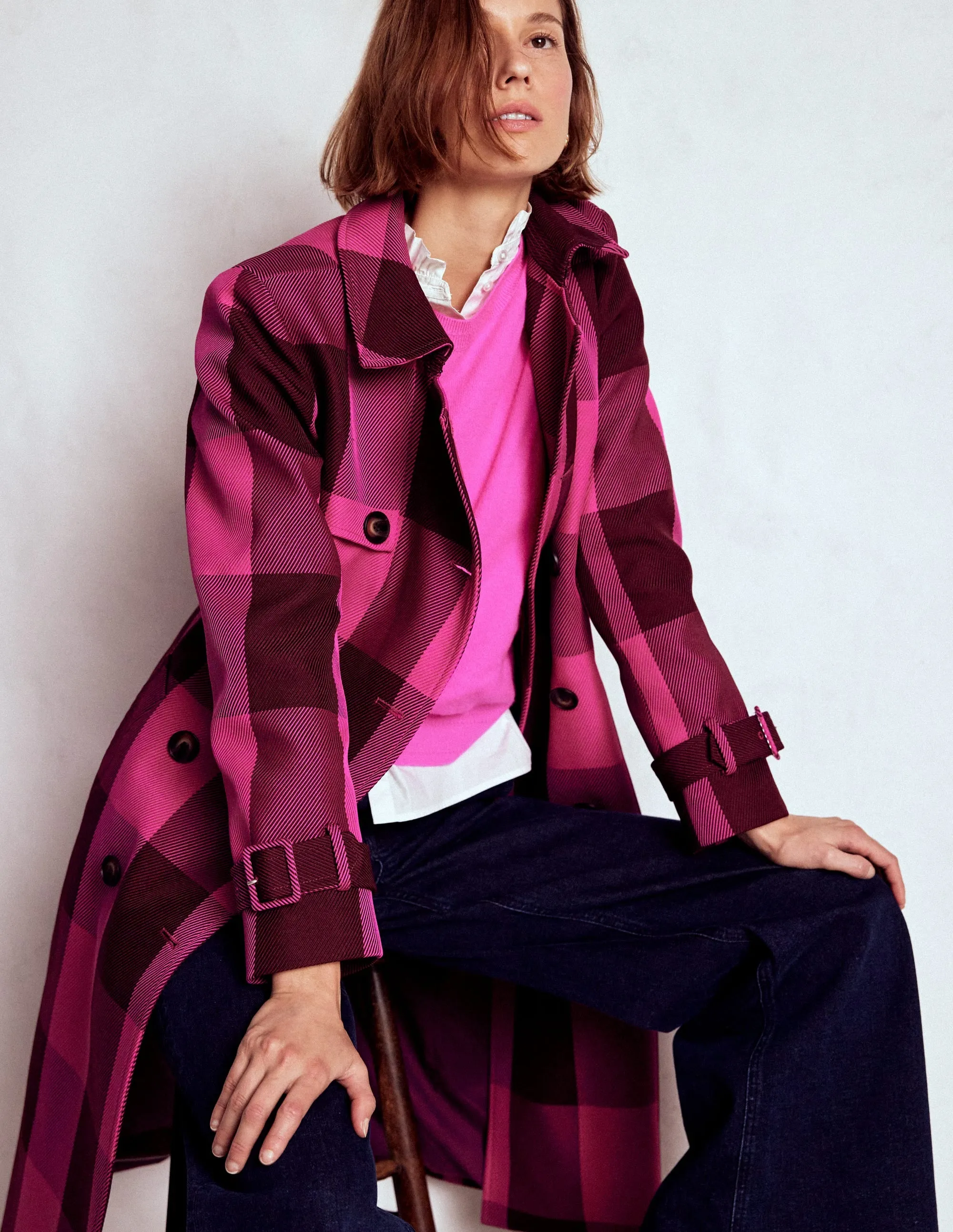 Cheltenham Trench Coat-Pink Peony, Chestnut Gingham Smooth Zipper Glides AirflowVents