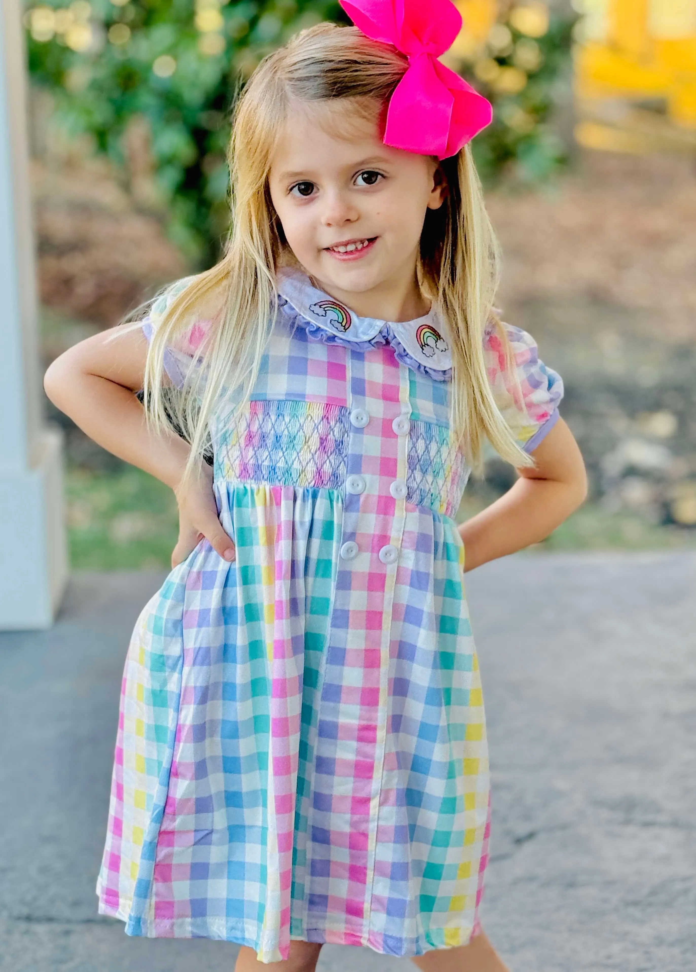 Daytime Mood Rainbow Gingham Smocked Collar Dress