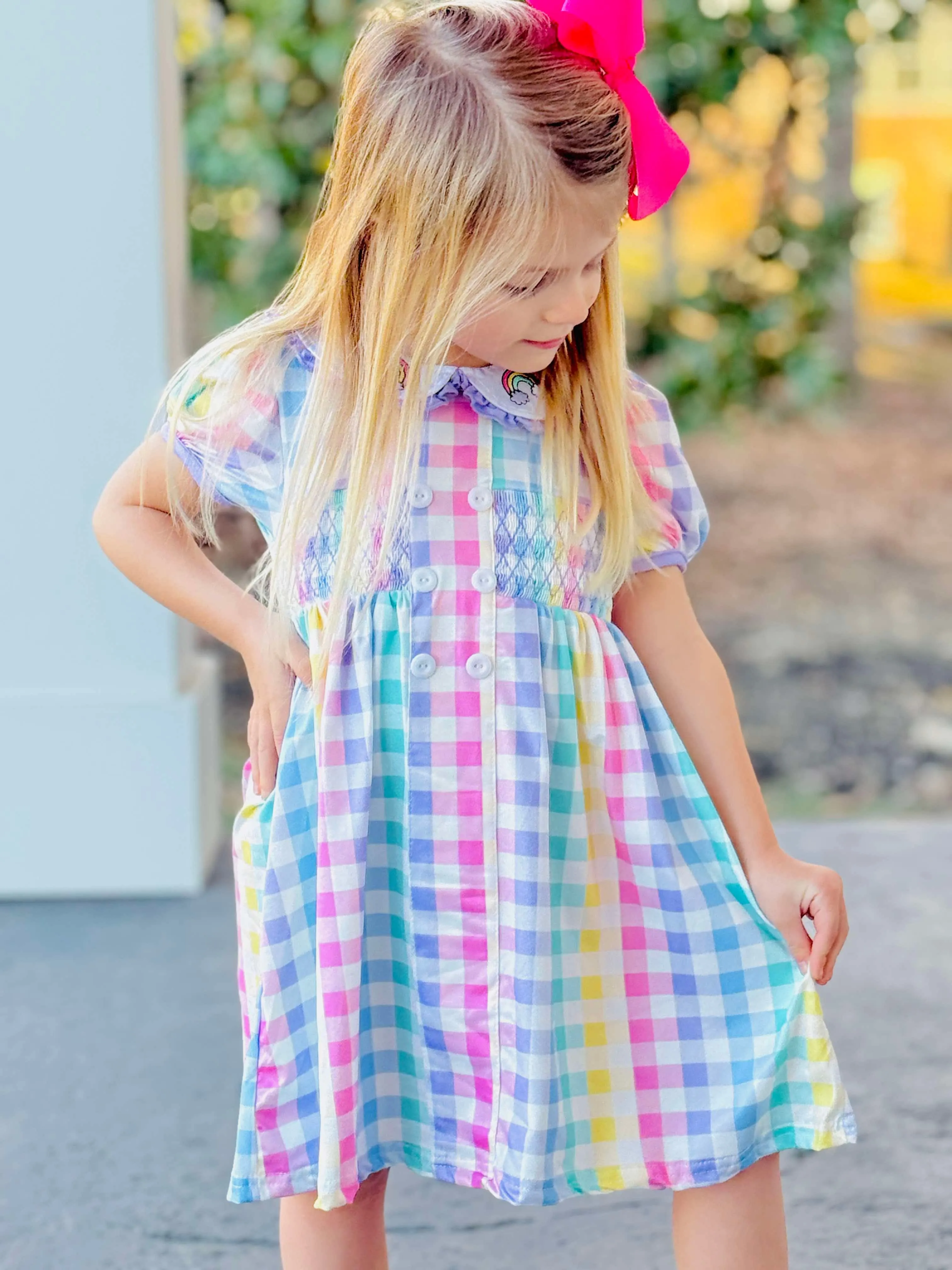 Timeless Wear Versatile Style Rainbow Gingham Smocked Collar Dress