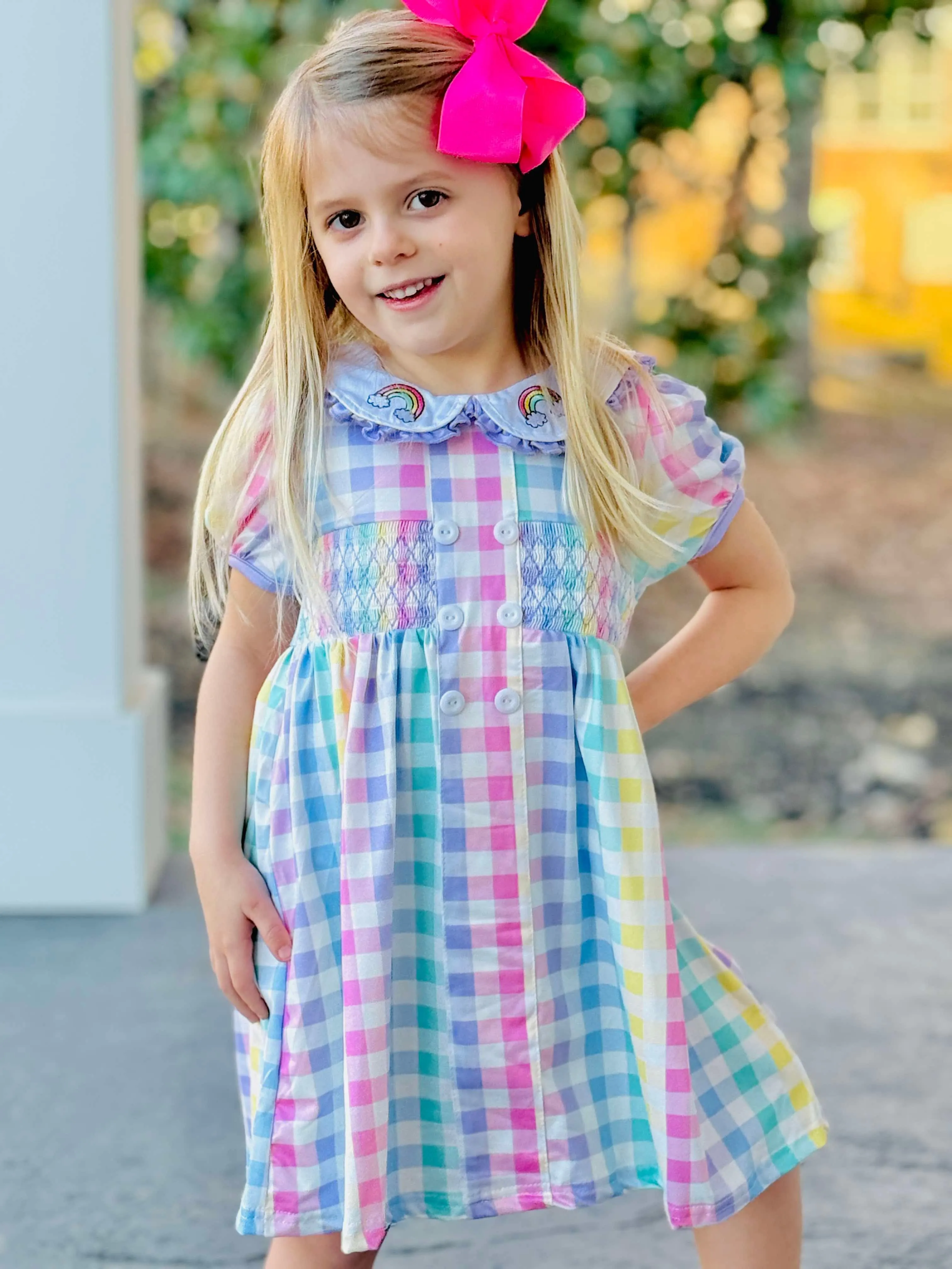 Rainbow Gingham Smocked Collar Dress Collared Textured Look