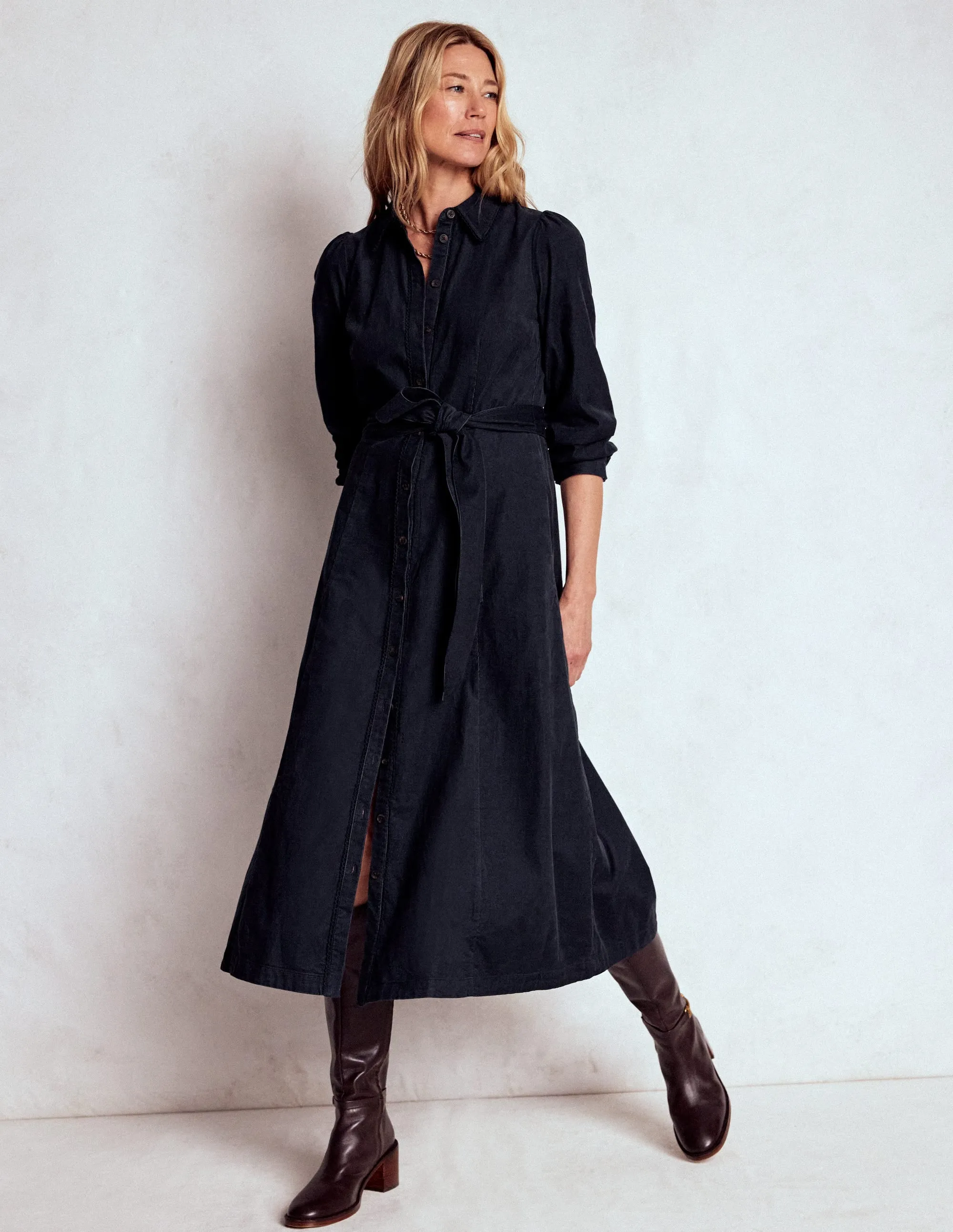 Romantic-Style Glossy-Finish Clara Cord Midi Dress-Midnight Blue