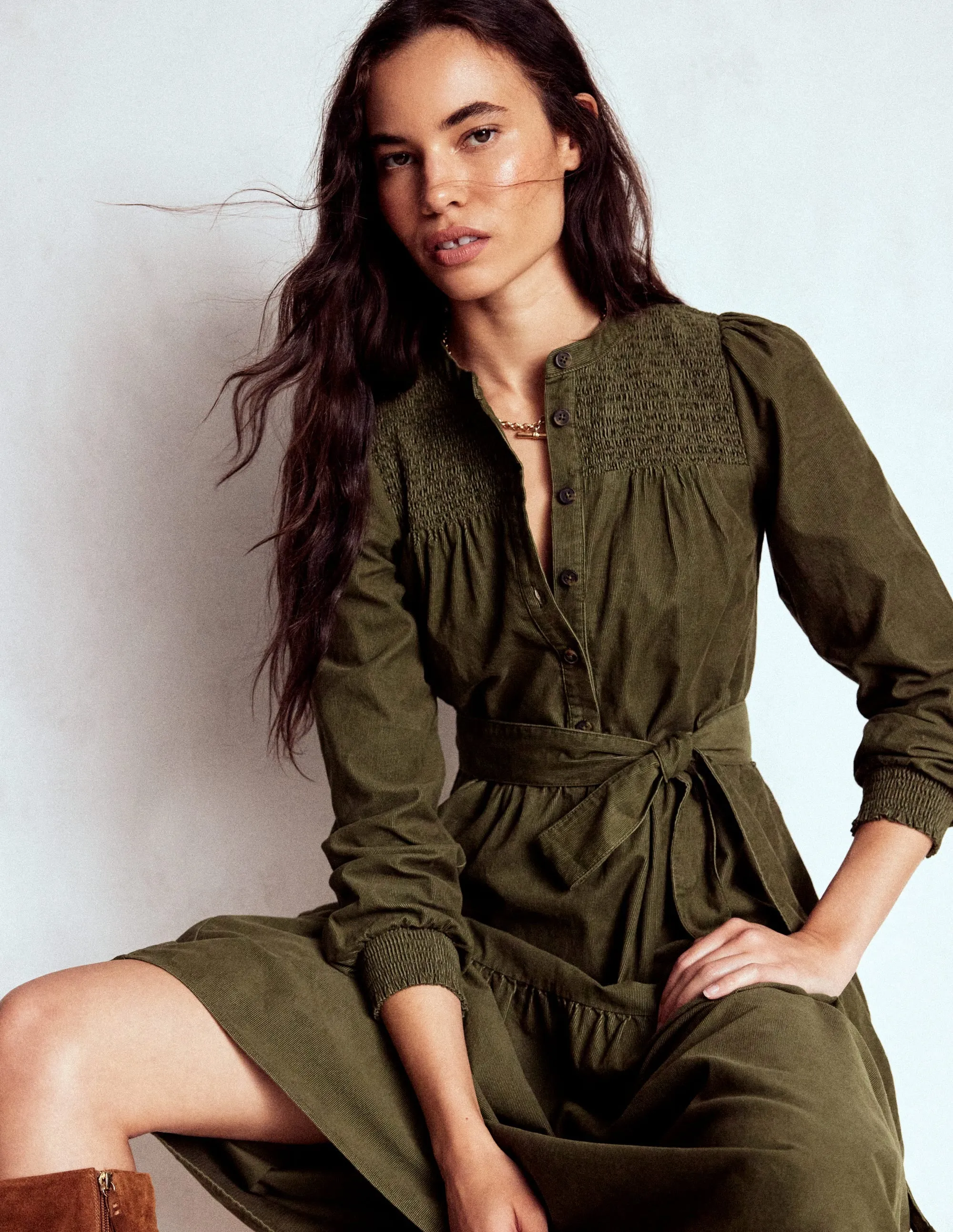 Cecily Cord Midi Dress-Woodland Green Smart Tailoring Sister Charm