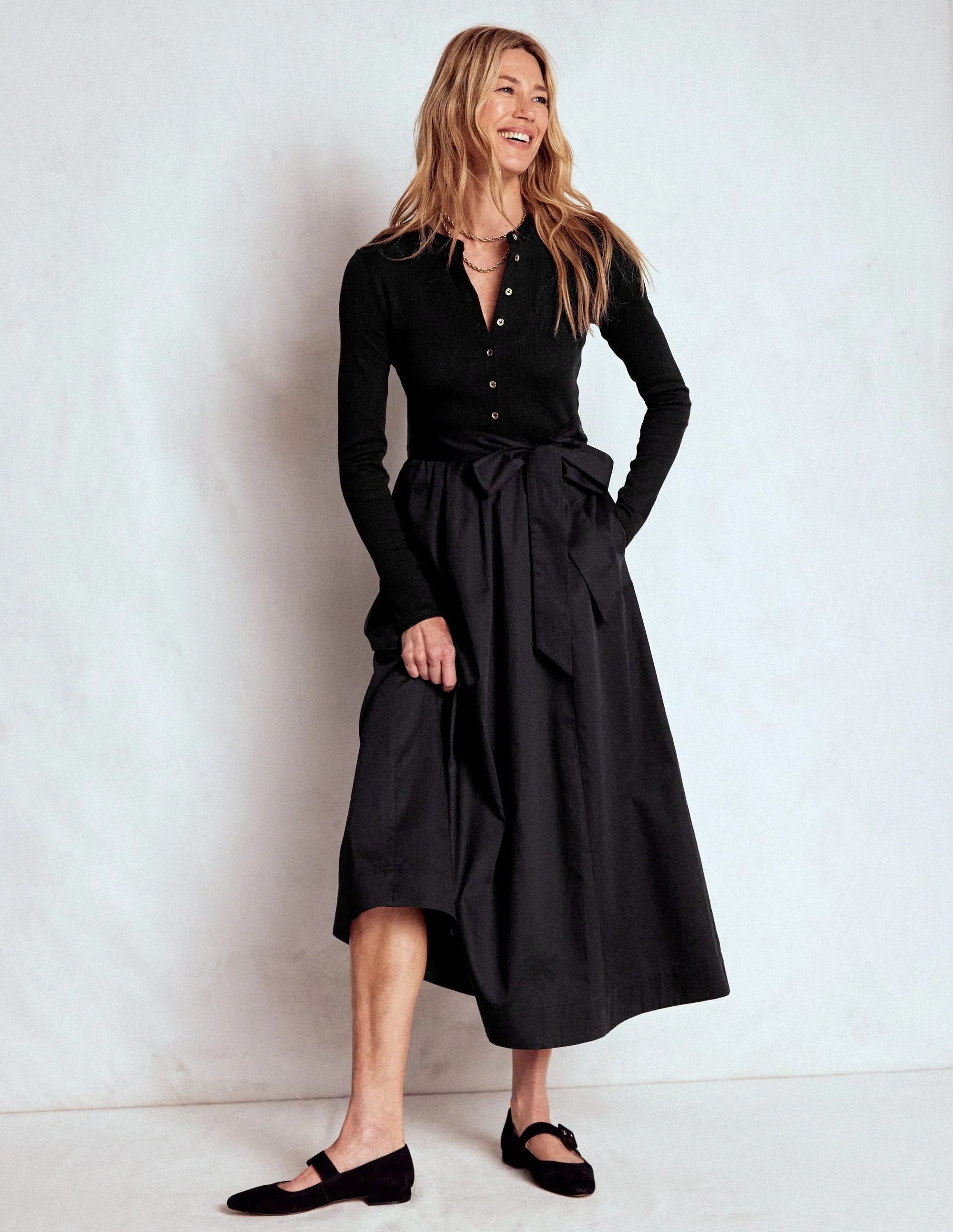 Button Detail Mix Dress-Black Formal-look Smooth Design