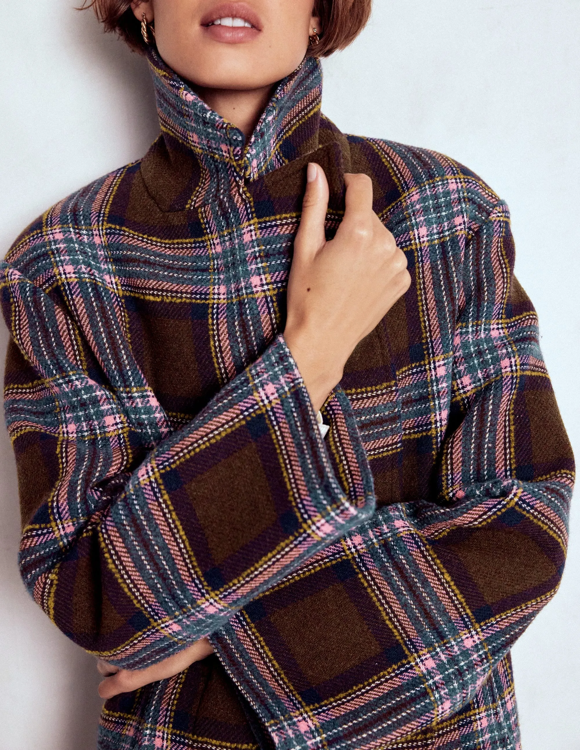 Eco Friendly Coatings Cocoon Wool Coat-Brown, Teal and Pink Check