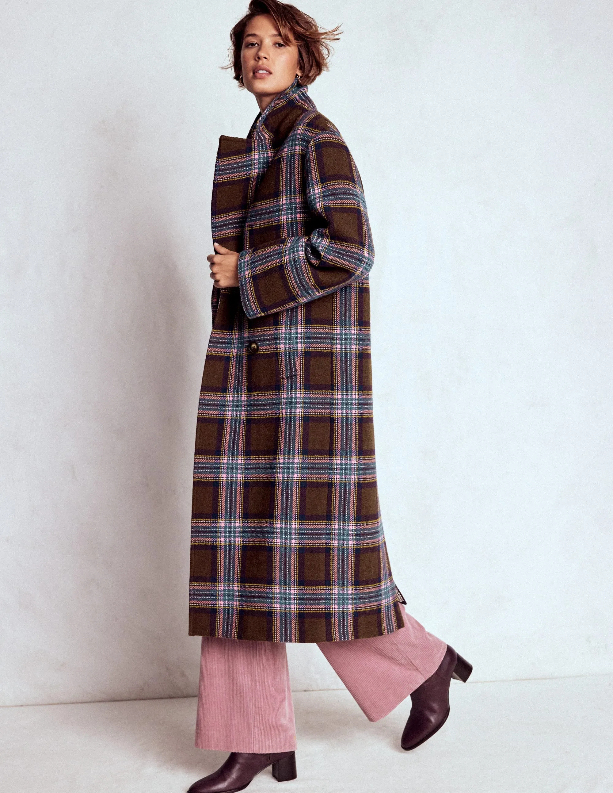 Cocoon Wool Coat-Brown, Teal and Pink Check Quick Dry Fabric Technology