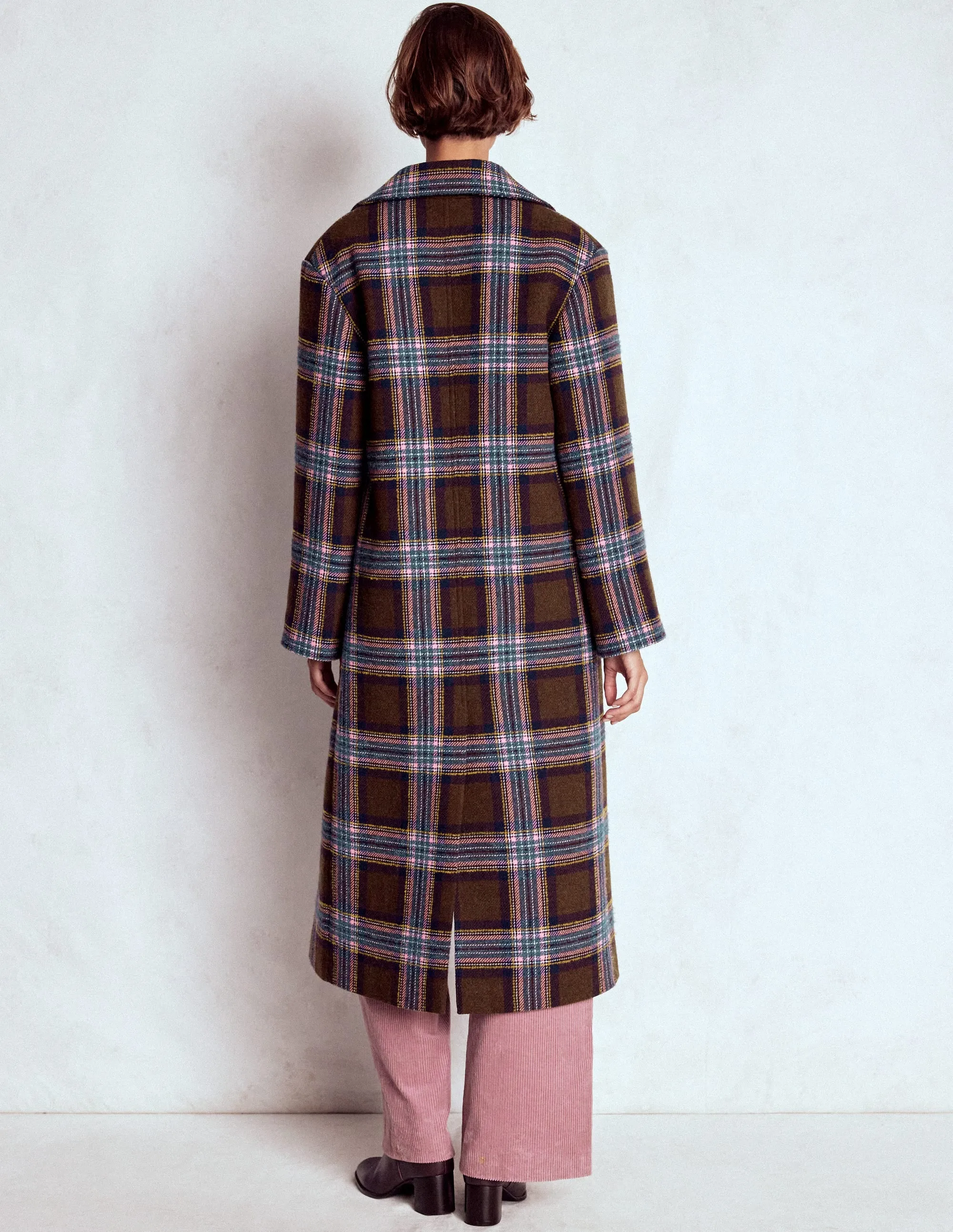 Cocoon Wool Coat-Brown, Teal and Pink Check Eco Friendly Production Cold Climate