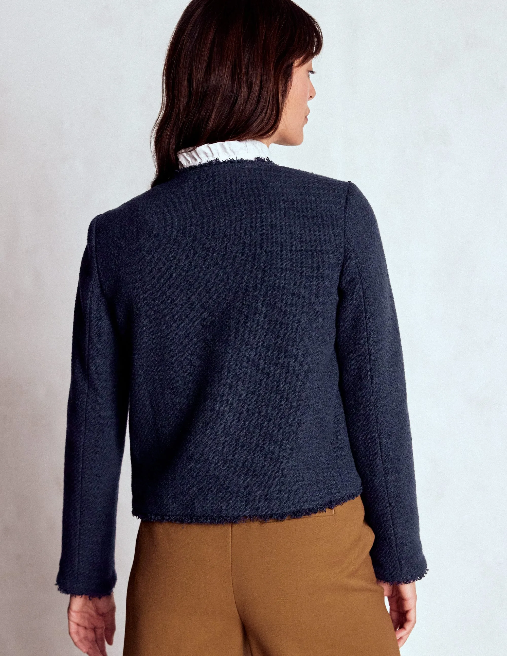 Collarless Textured Jacket-Navy TapedZippers Slim Fit Design