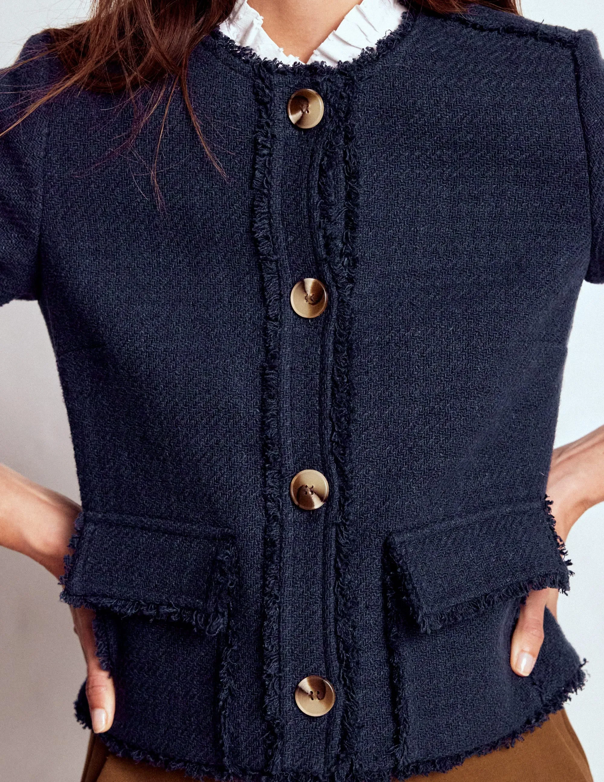 Non Restrictive Movement SoftInnerLayer Collarless Textured Jacket-Navy