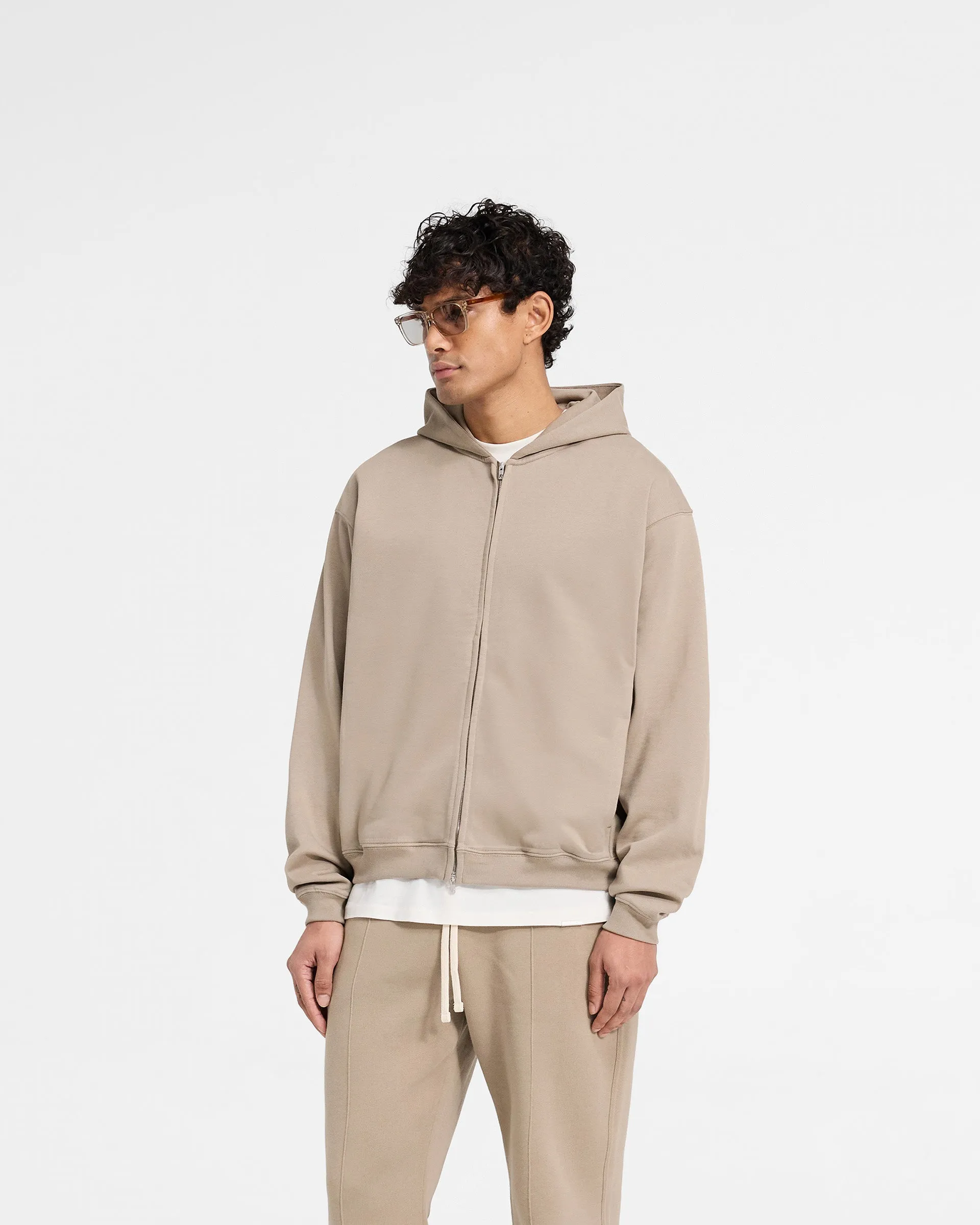 Initial Zip Hoodie - Dune Simple Look tag accents