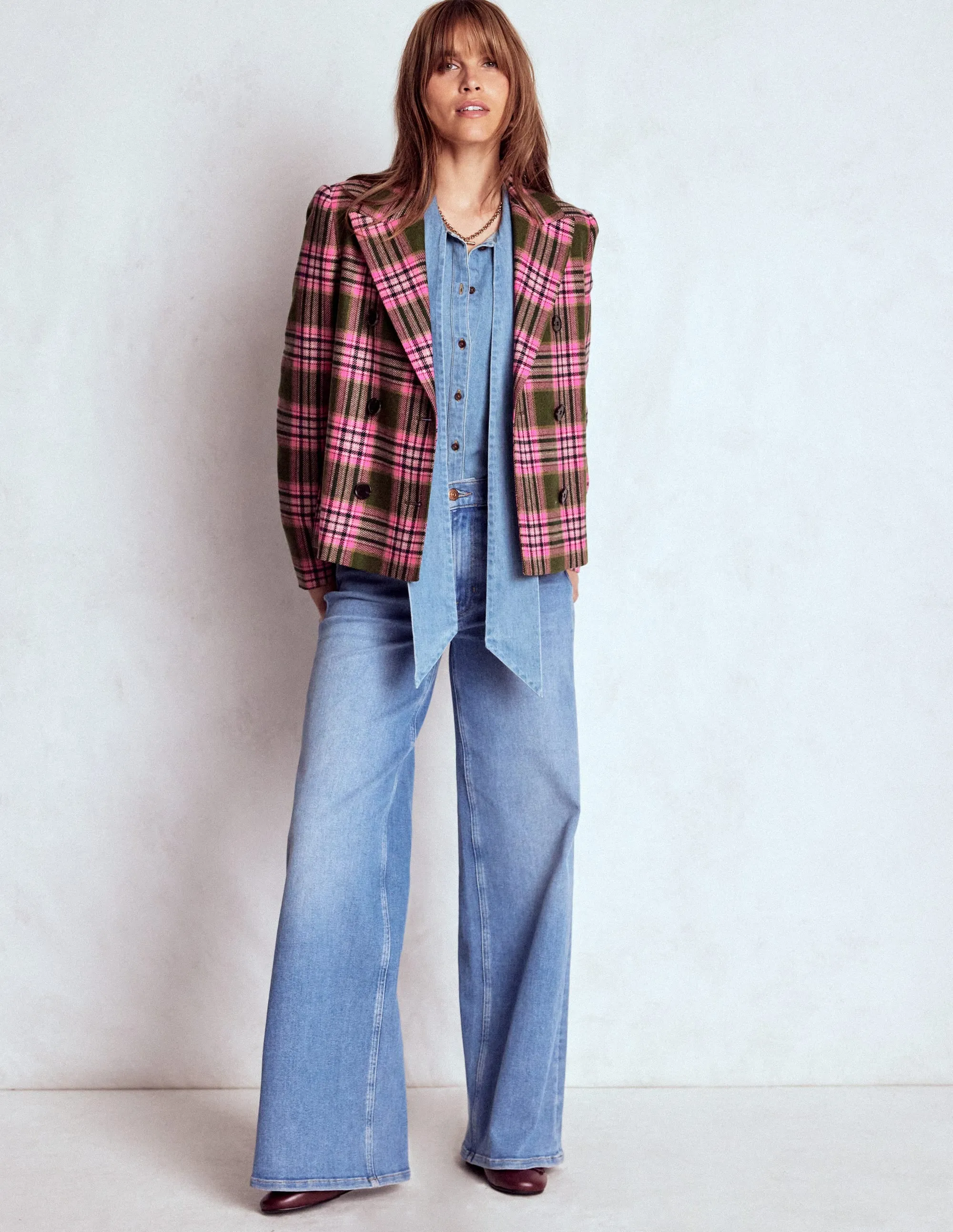 Boxy Double Breasted Blazer-Olive Green and Pink Check ElasticCuffs