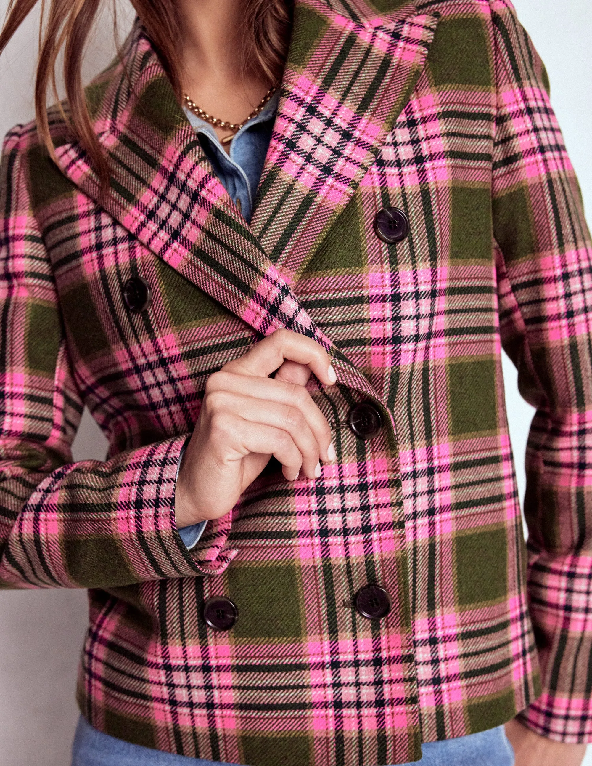 Warm Essentials Boxy Double Breasted Blazer-Olive Green and Pink Check