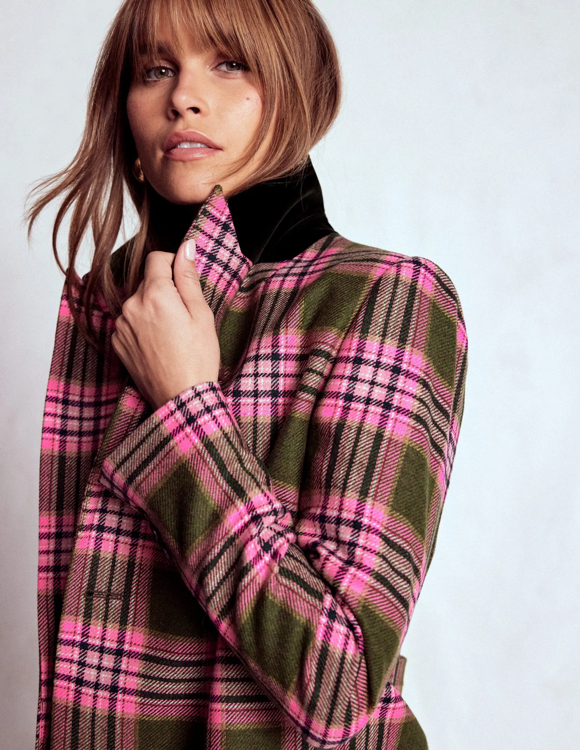 Concealed Zippers Boxy Double Breasted Blazer-Olive Green and Pink Check