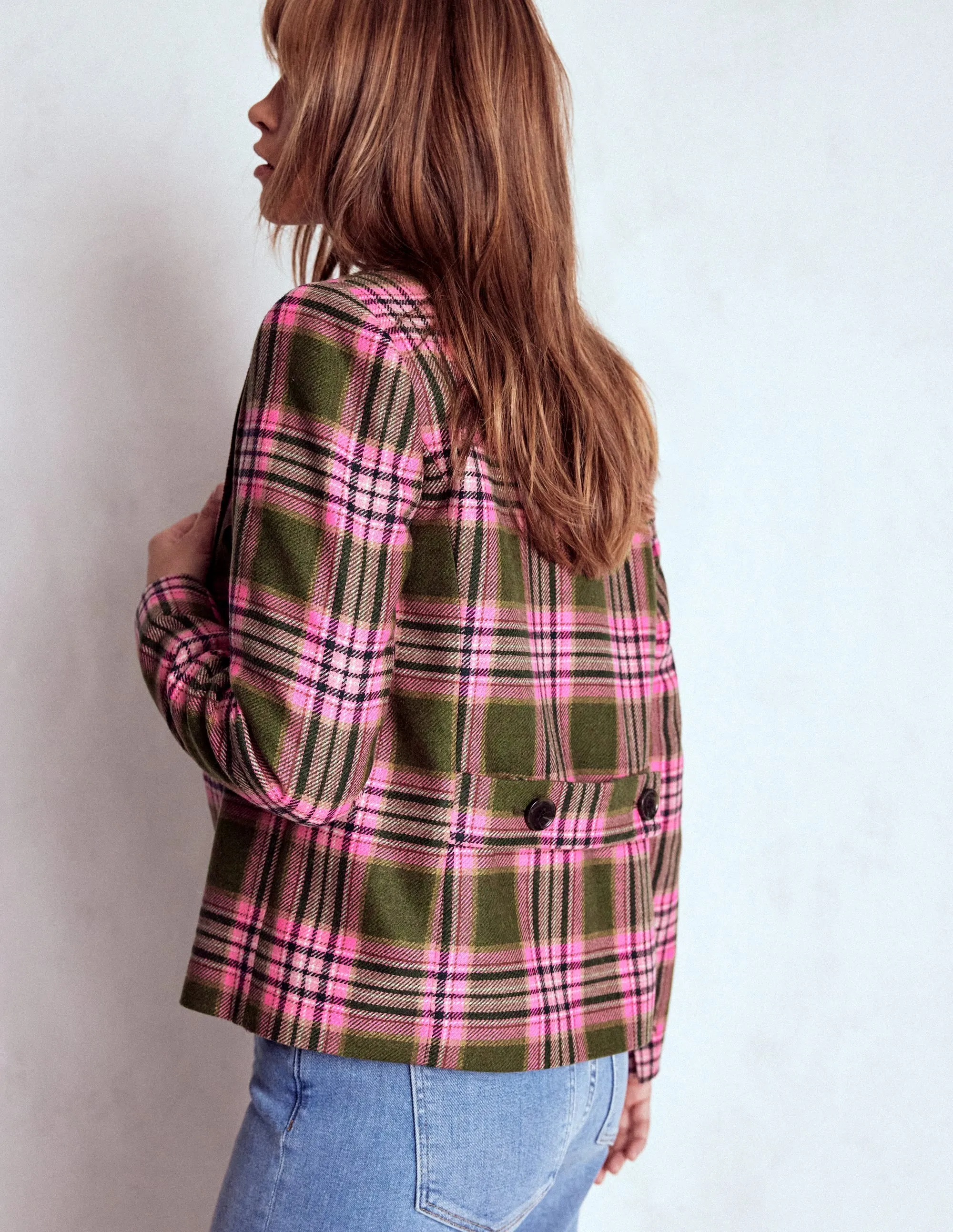 Boxy Double Breasted Blazer-Olive Green and Pink Check Relaxed Fit Silhouette Adaptive Tension Bands