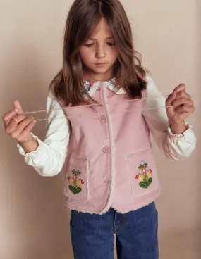Eco Friendly Fabric City Walking Style Embroidered Cord Gilet-Vintage Pink