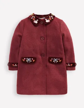 NonRestrictive Cut Easy Comfort Wool Blend Coat-Chestnut Swan Embroidery