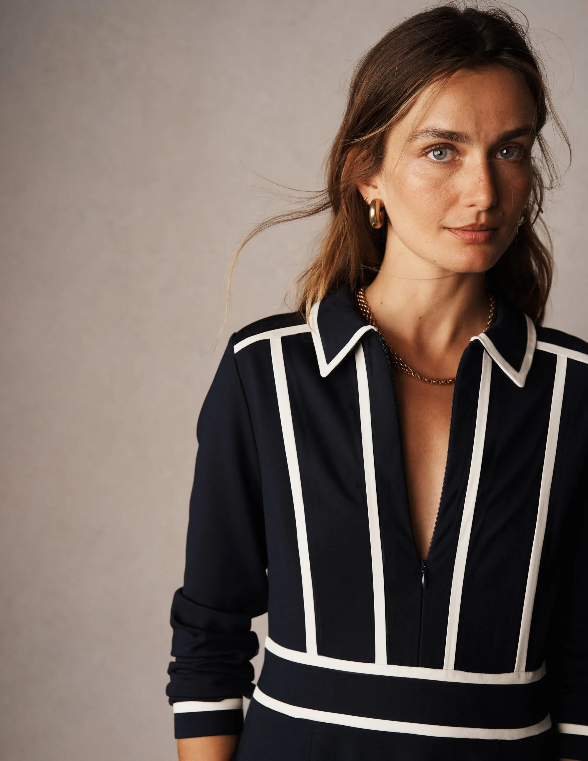 Simple formal dress Contrast Ponte Midi Dress-Navy