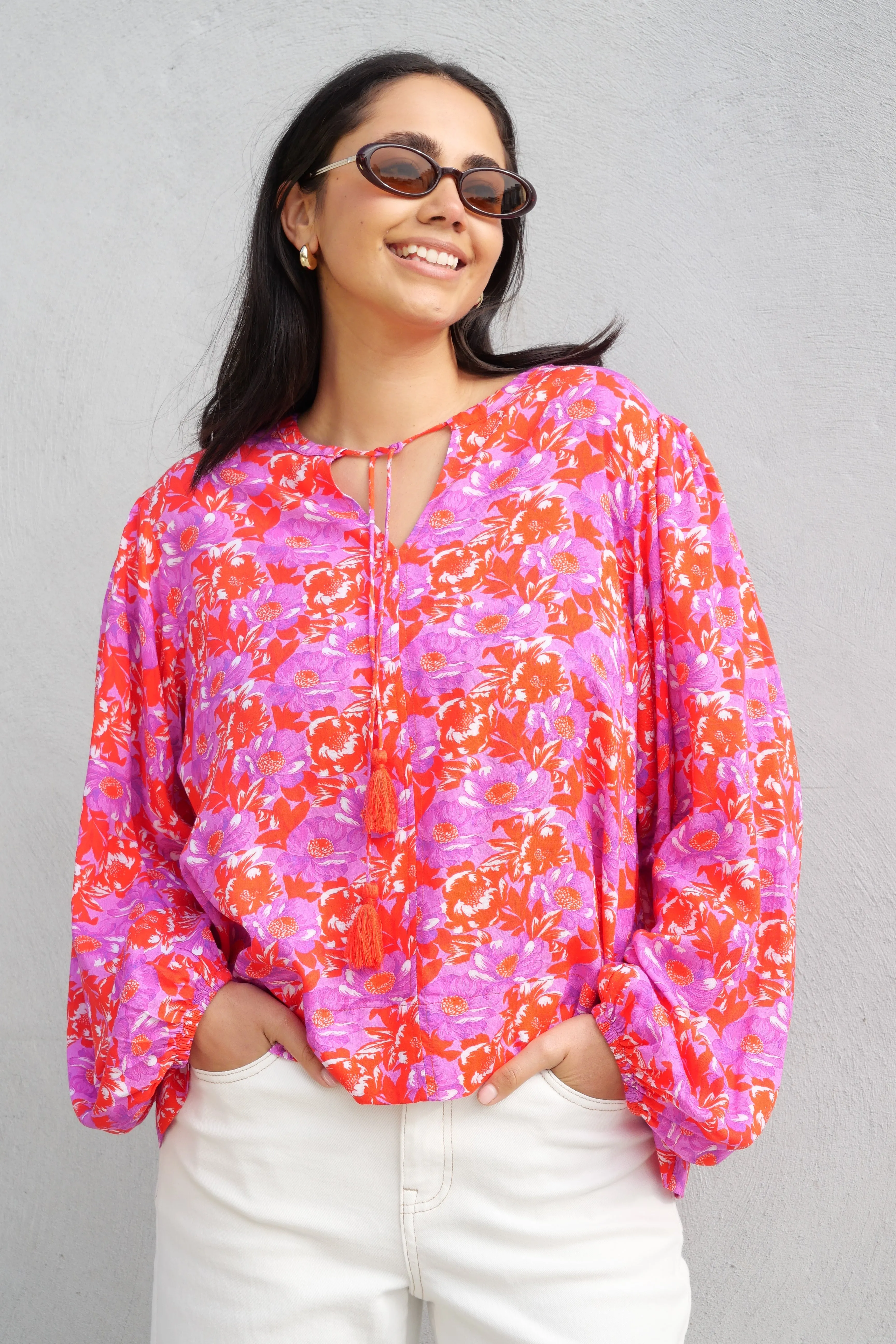 FeatherlightConstruction Sunday Boho Andrea Blouse Red Floral Print