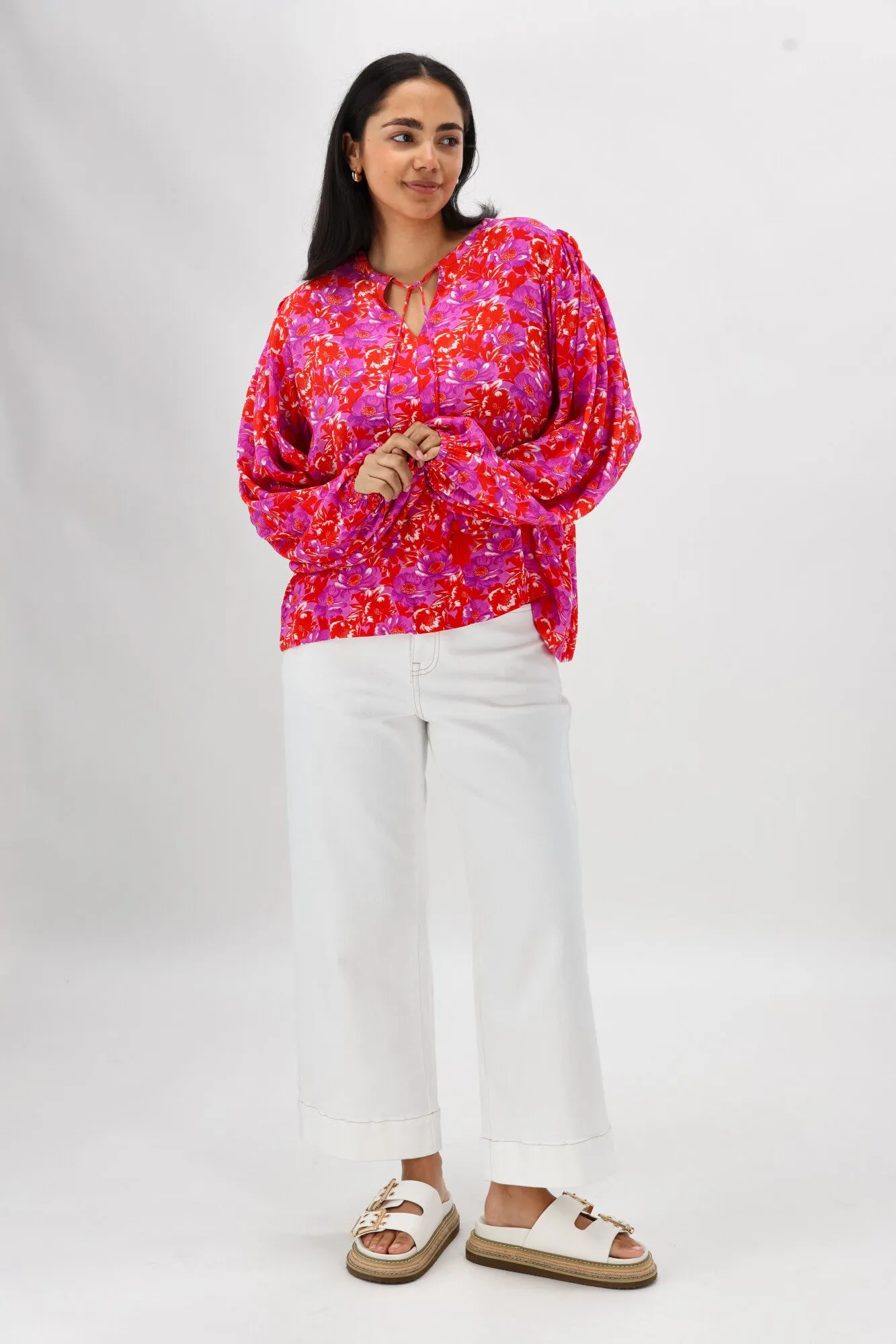 Sunday Boho Andrea Blouse Red Floral Print TwillWeave