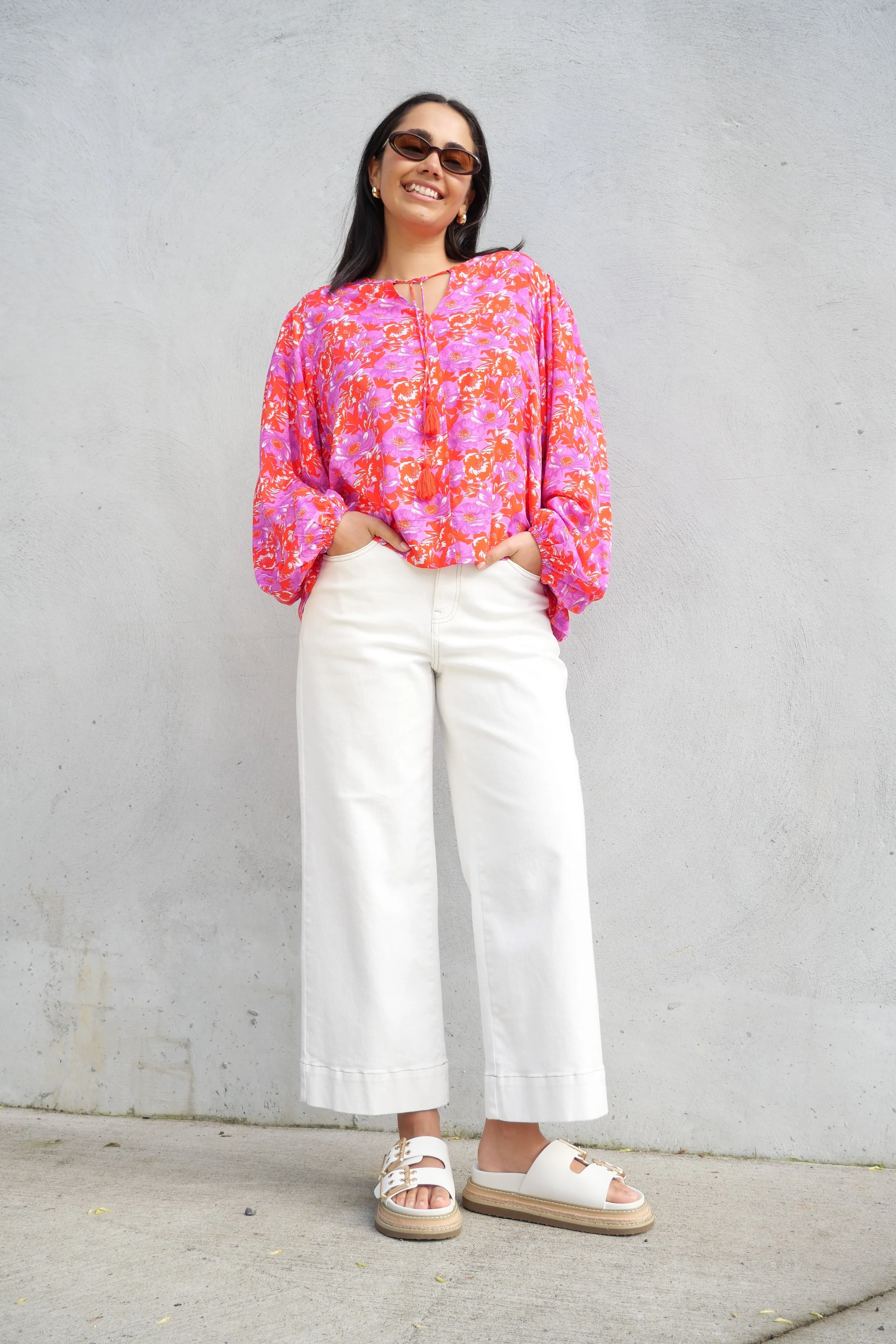 Wind Resistant Fabric Sunday Boho Andrea Blouse Red Floral Print