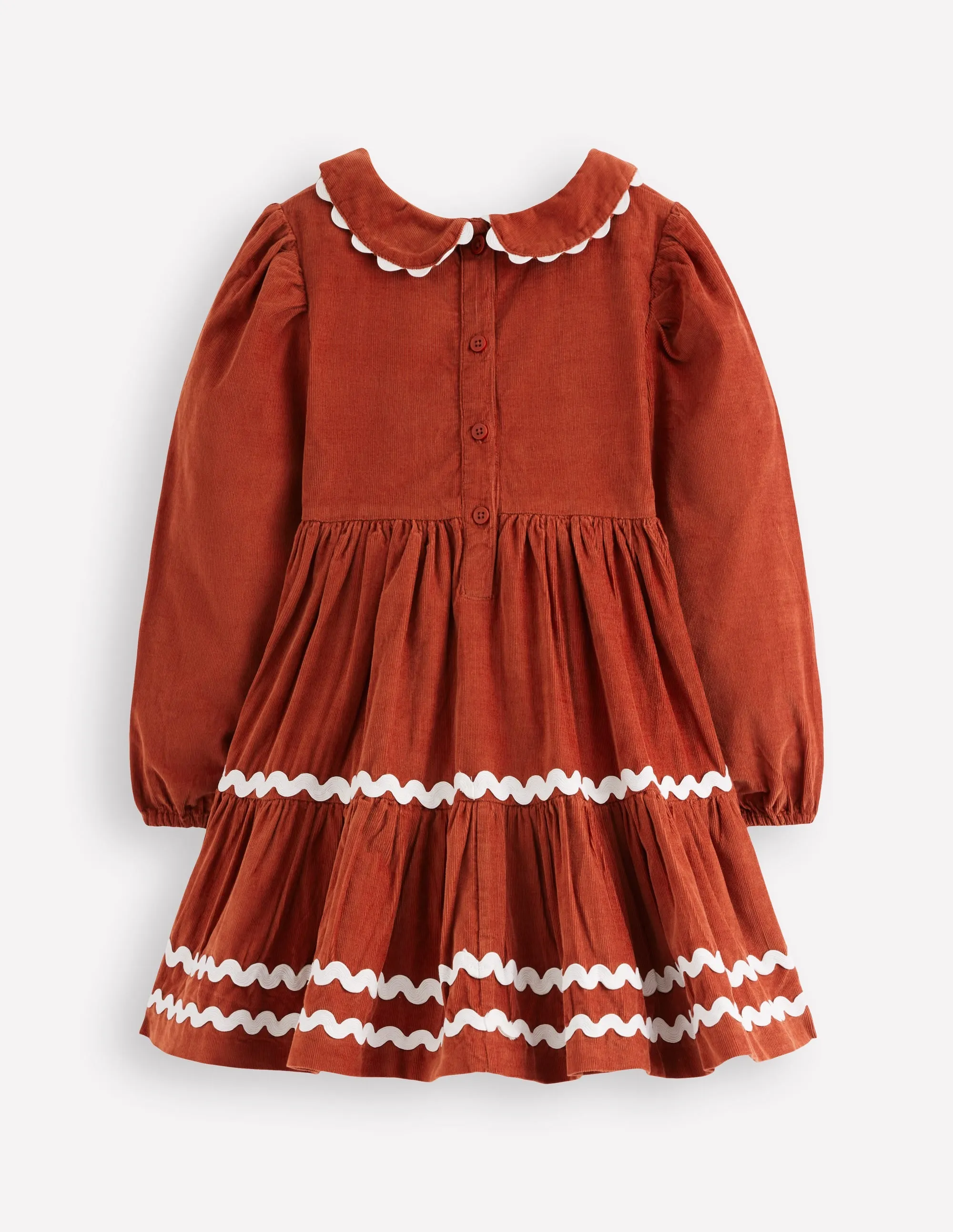 Versatile Layer Ruffle-Detail Cord Ric Rac Trim Dress-Roasted Chestnut Brown