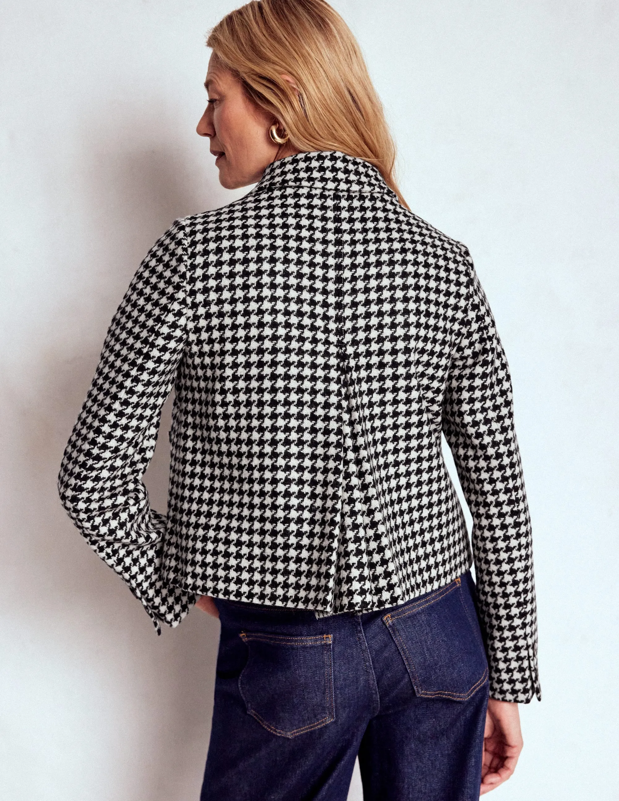 Lightweight Lining High Collar Structure Knightsbridge Wool Jacket-Black Dogstooth