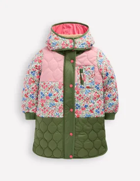 Cosy Longline Coat-Rose Pink Flowerbed Waterproof Stitch Details Comfort Fit Design