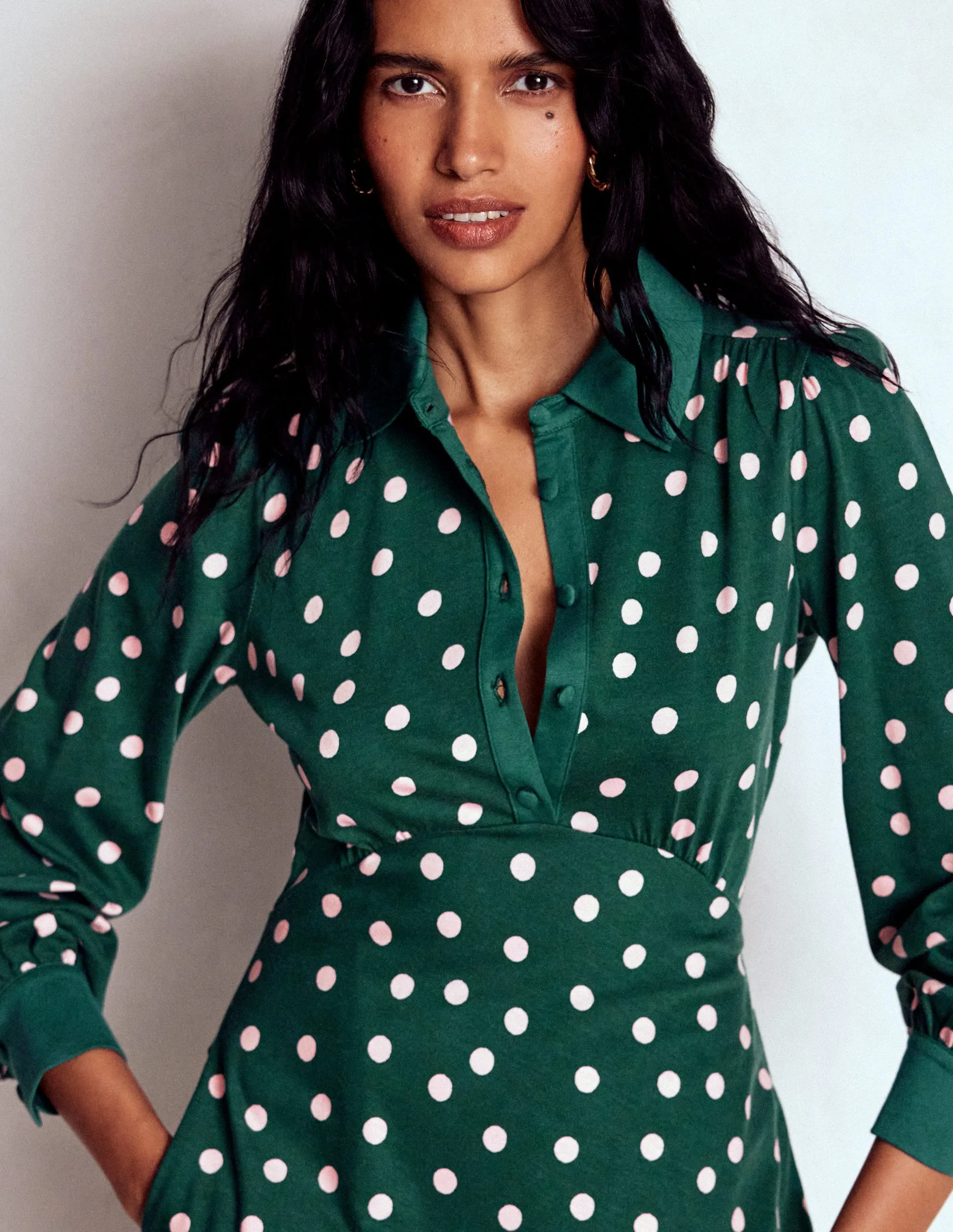 Empire Waistline Shirt Dress-Emerald Night, Painted Dot Flared-Hem