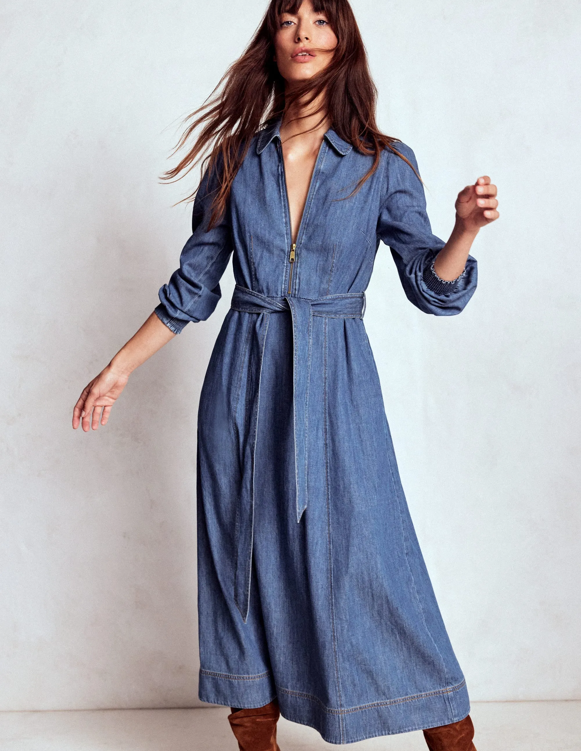 City Ready Natural Wrap Adelaide Zip Denim Midi Dress-Mid Vintage Denim
