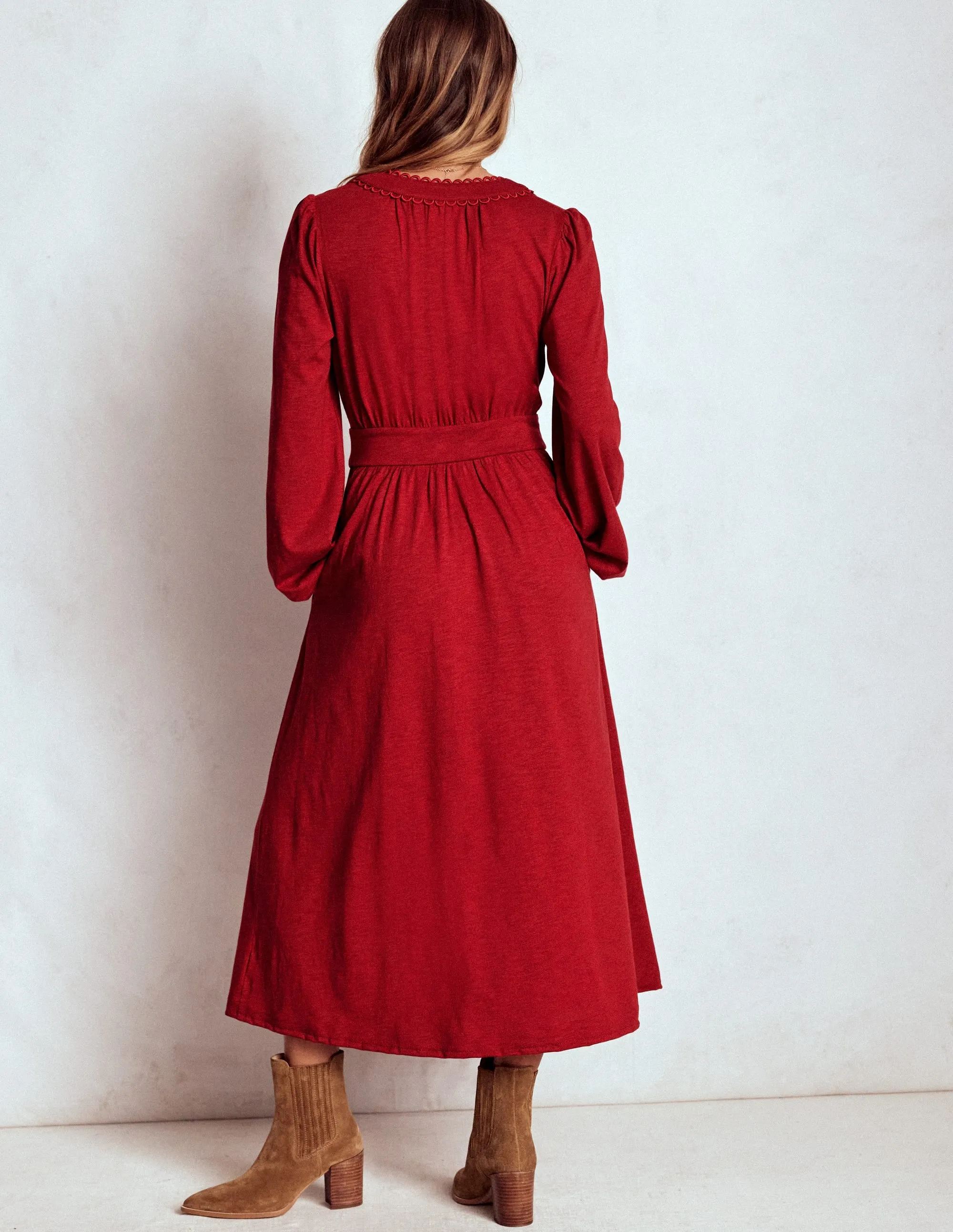 Maddie Picot Trim Midi Dress-Carmine Red Neutral Mood