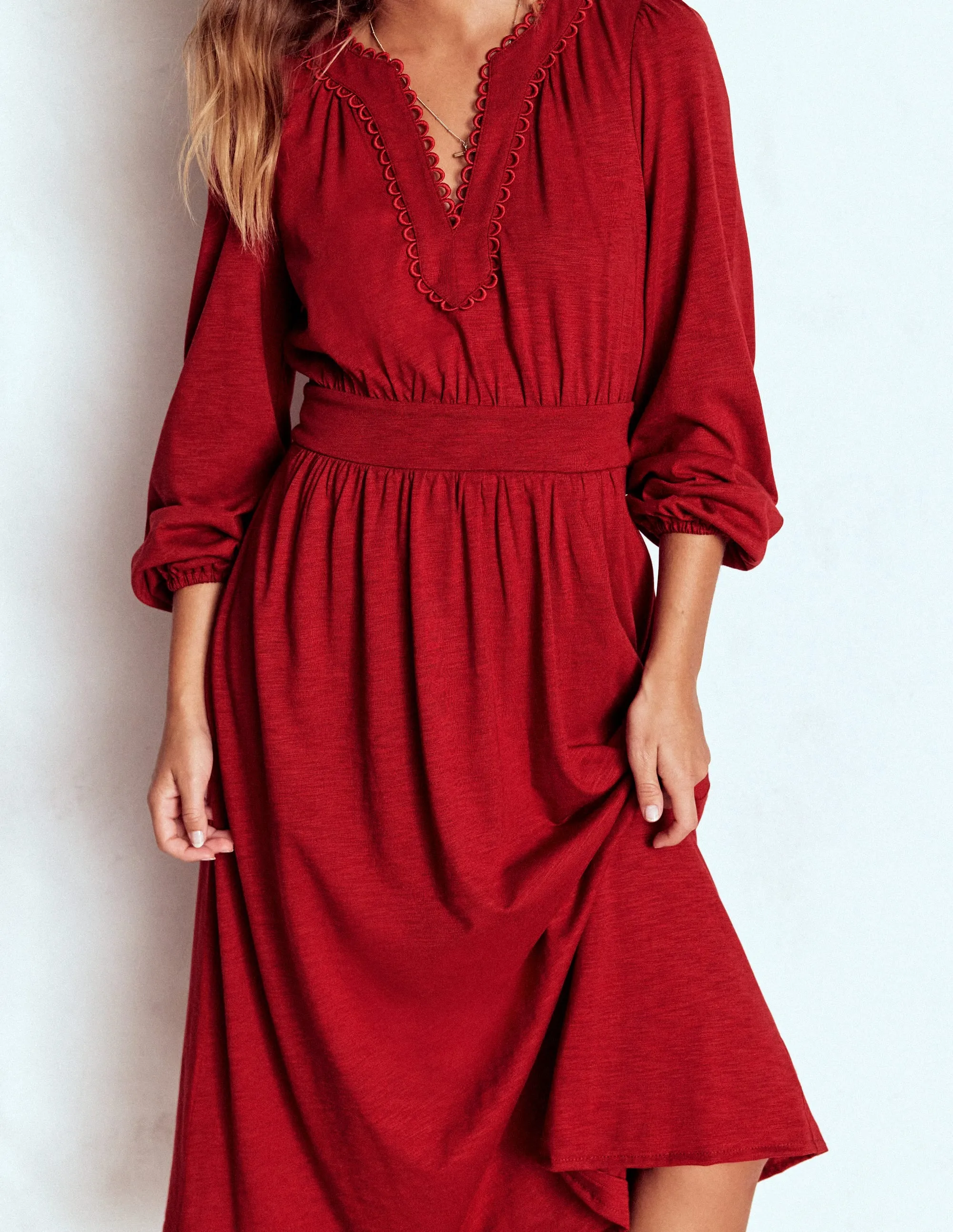 Maddie Picot Trim Midi Dress-Carmine Red Soft and Chic