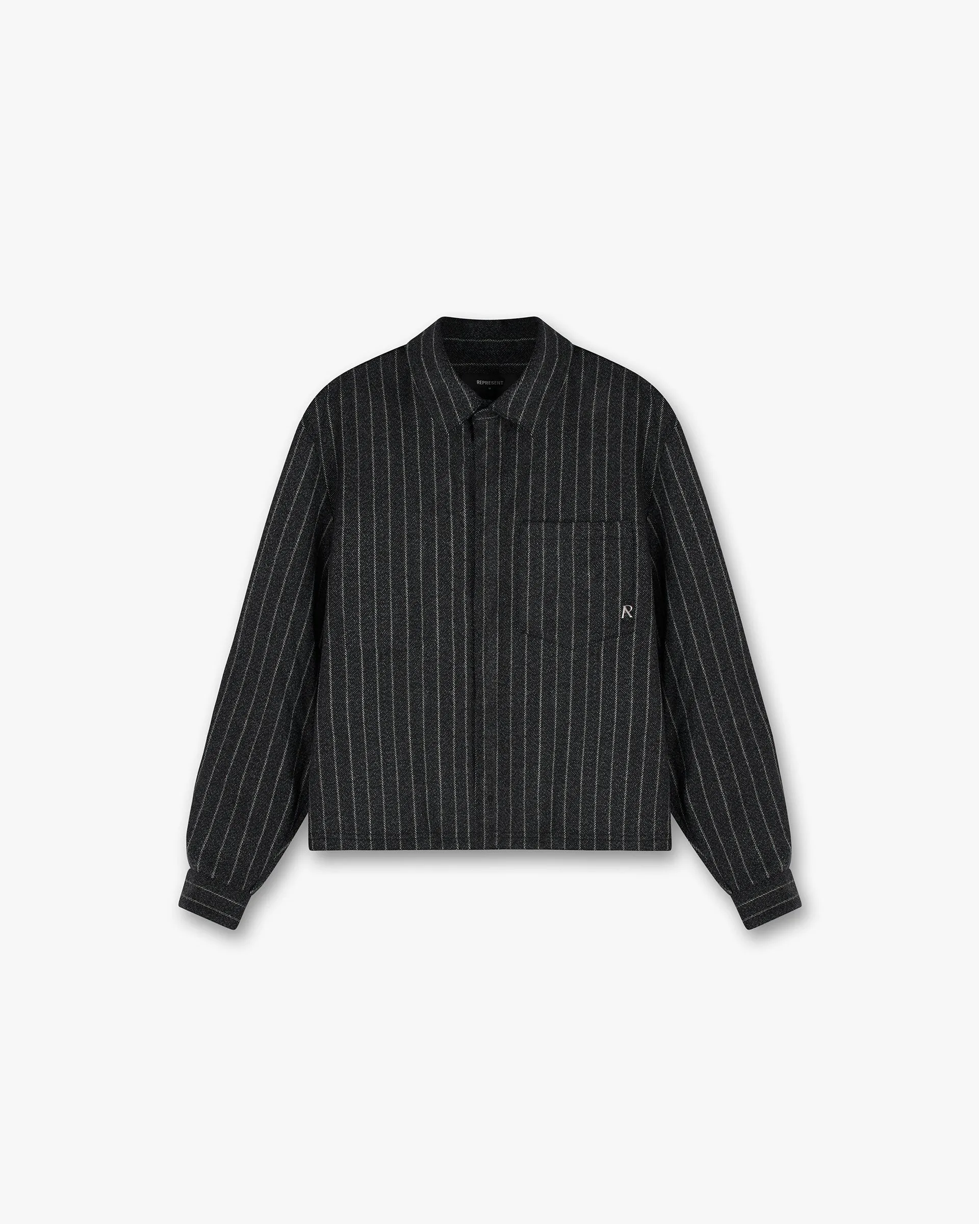 Ribbed Trim Workwear Style Cropped Dress Shirt - Black Pinstripe