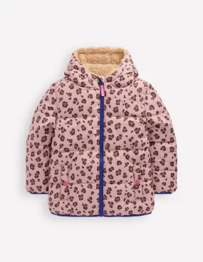 Soft Fleece Interior Fade Resistant Exterior Reversible Padded Borg Coat-Pink Leopard
