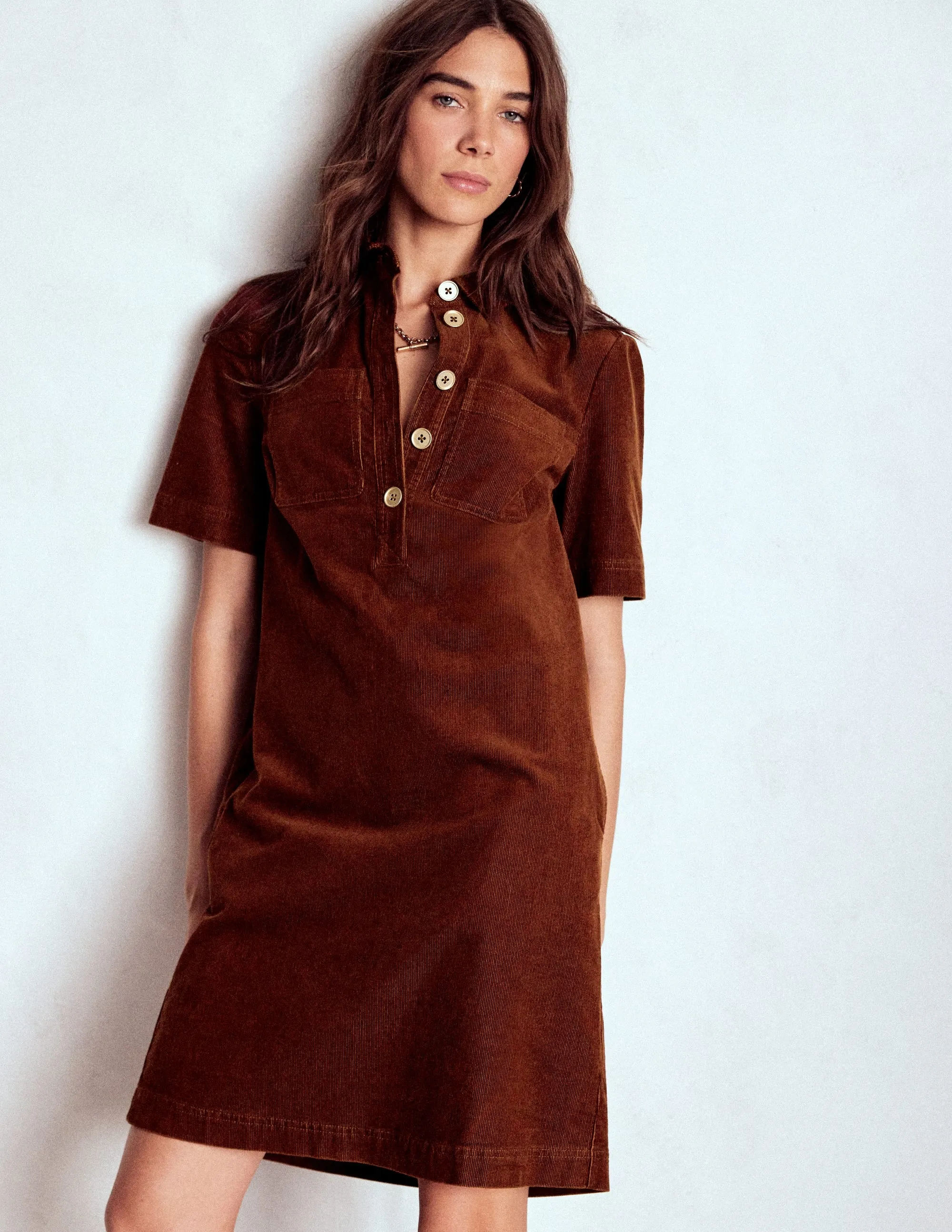 Zia Cord Pocket Shirt Dress-Copper Brown Elegant Waist