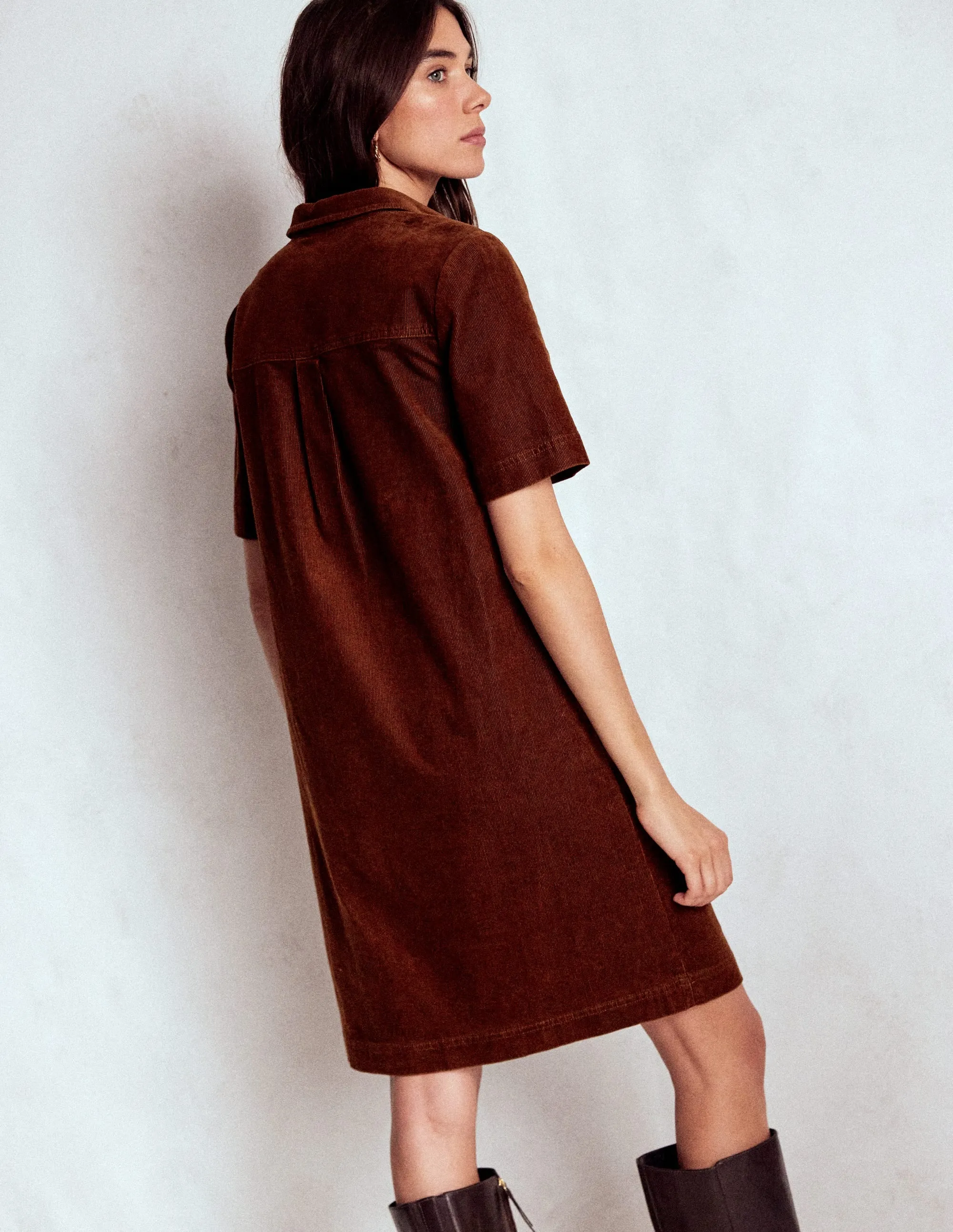 Bell-Sleeve Zia Cord Pocket Shirt Dress-Copper Brown