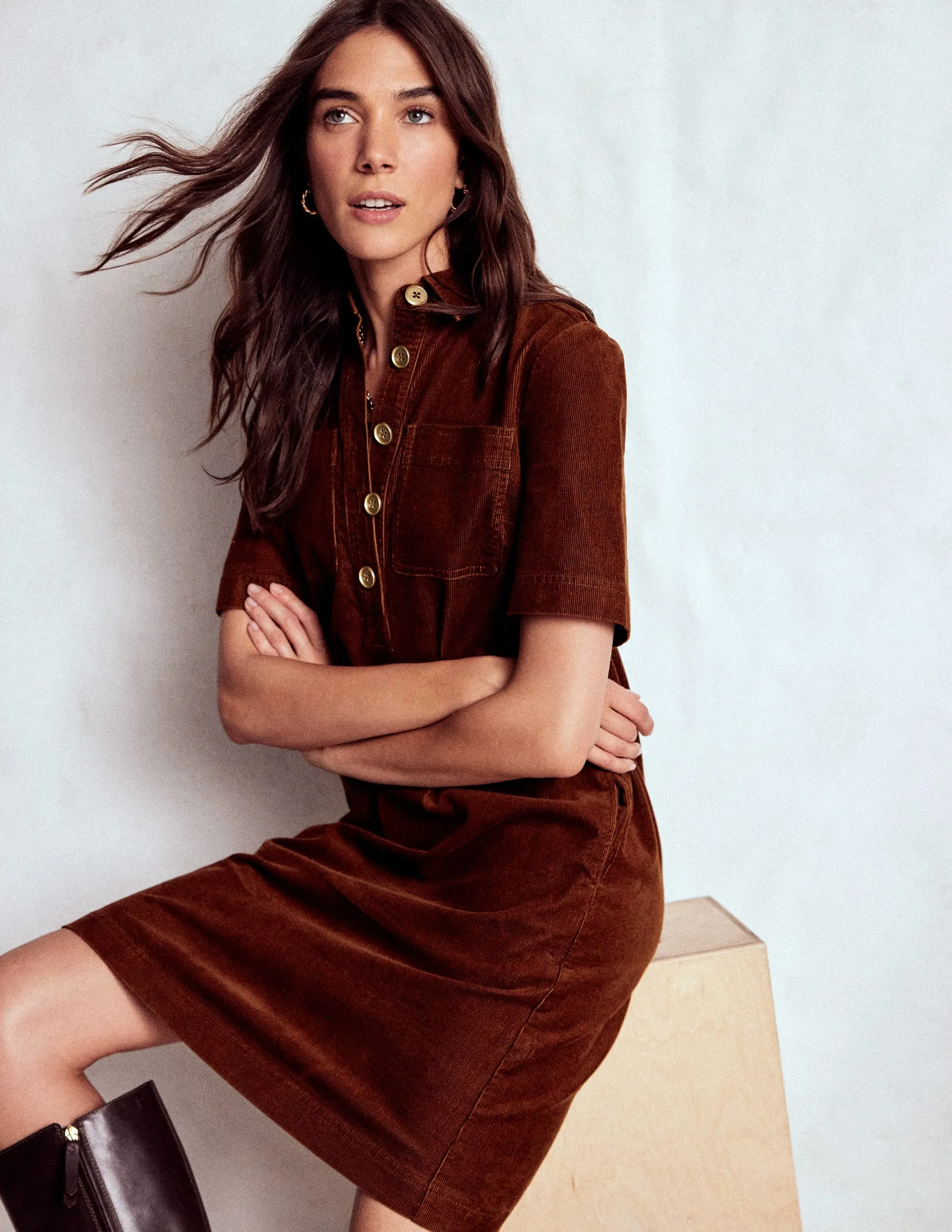Smile Soft Relaxed Look Zia Cord Pocket Shirt Dress-Copper Brown
