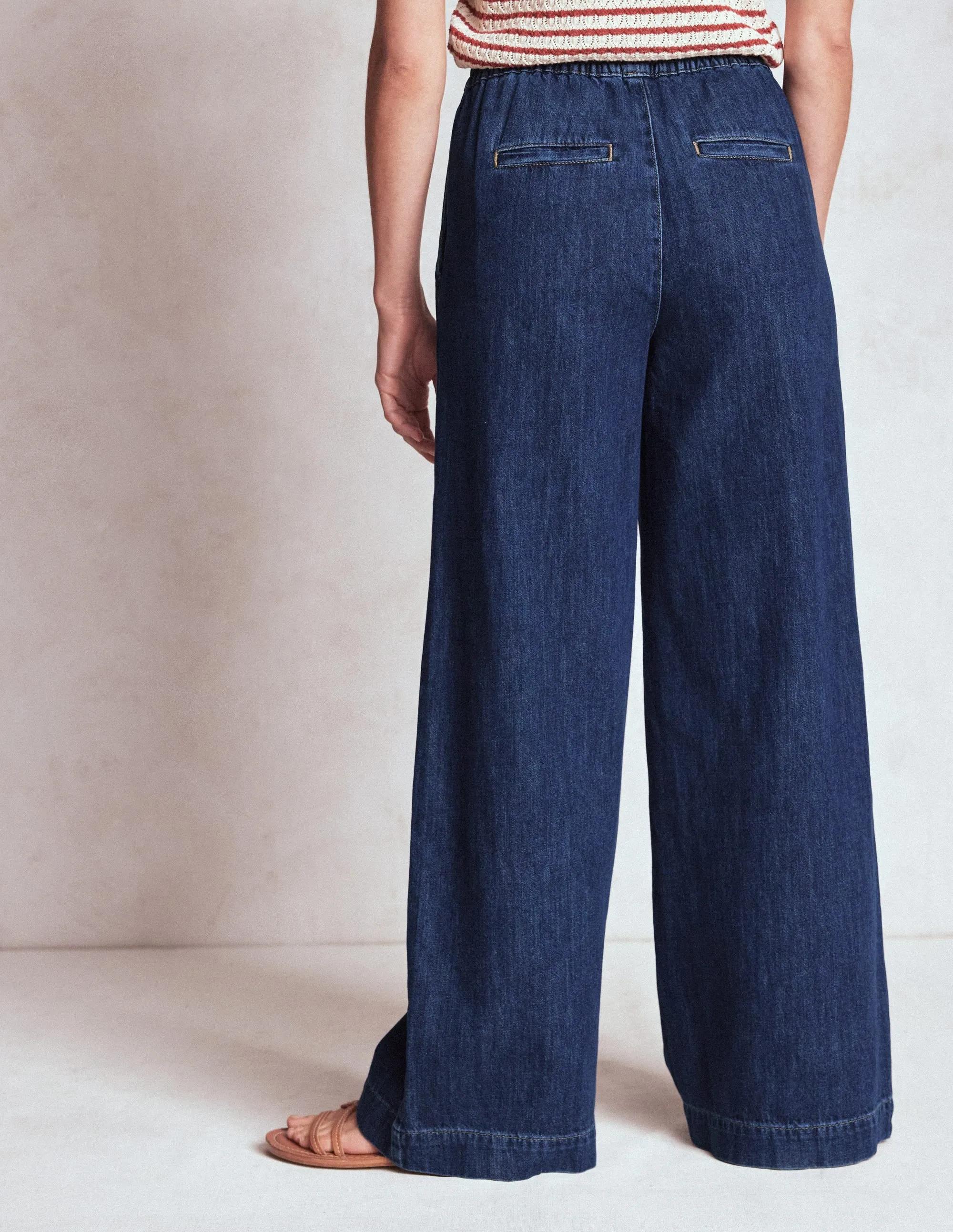 Secure Waistband Drawcord Denim Trousers-MID WASH