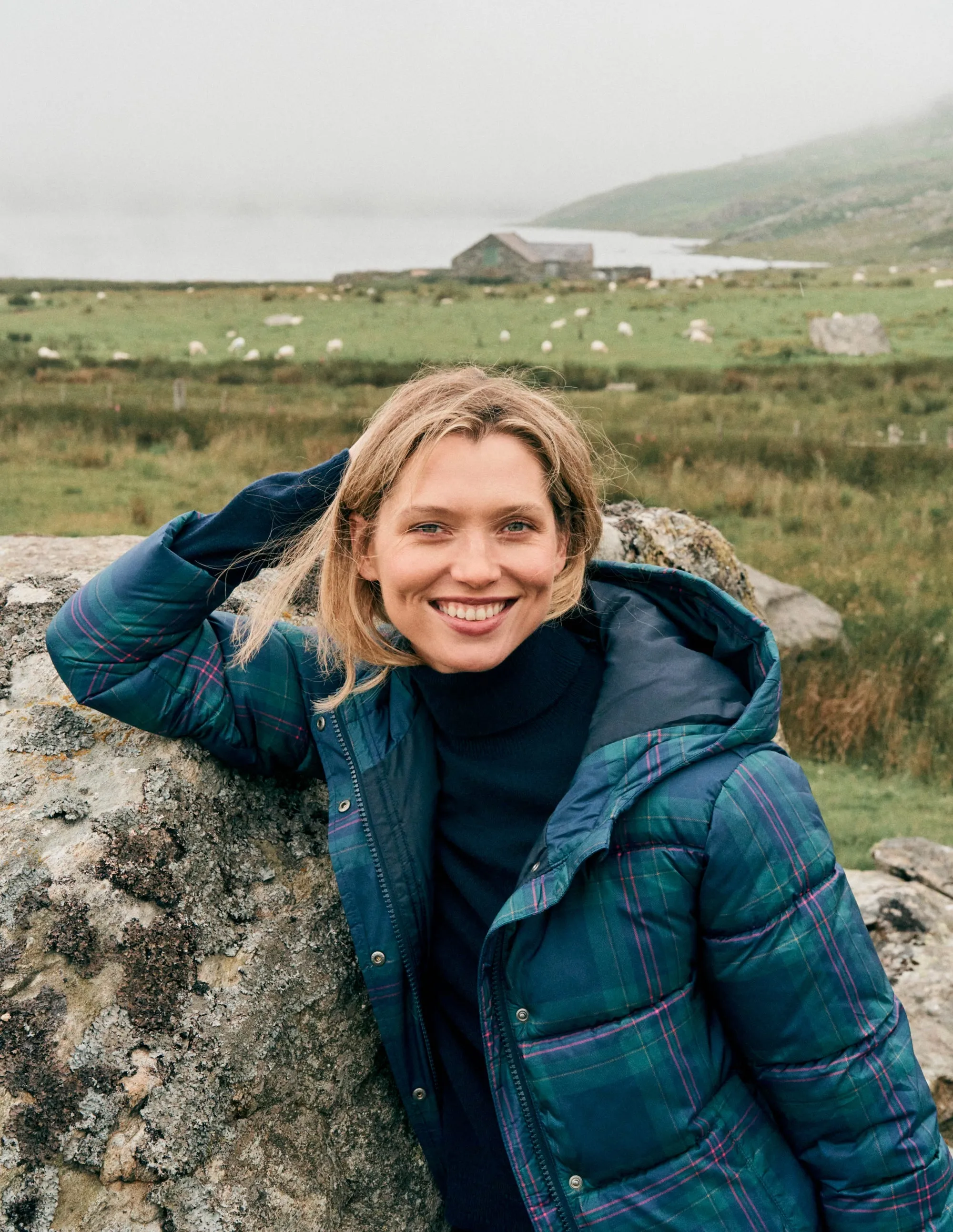 Padded Puffer Coat-Navy & Green Tonal Check Weatherproof Zipper Closure