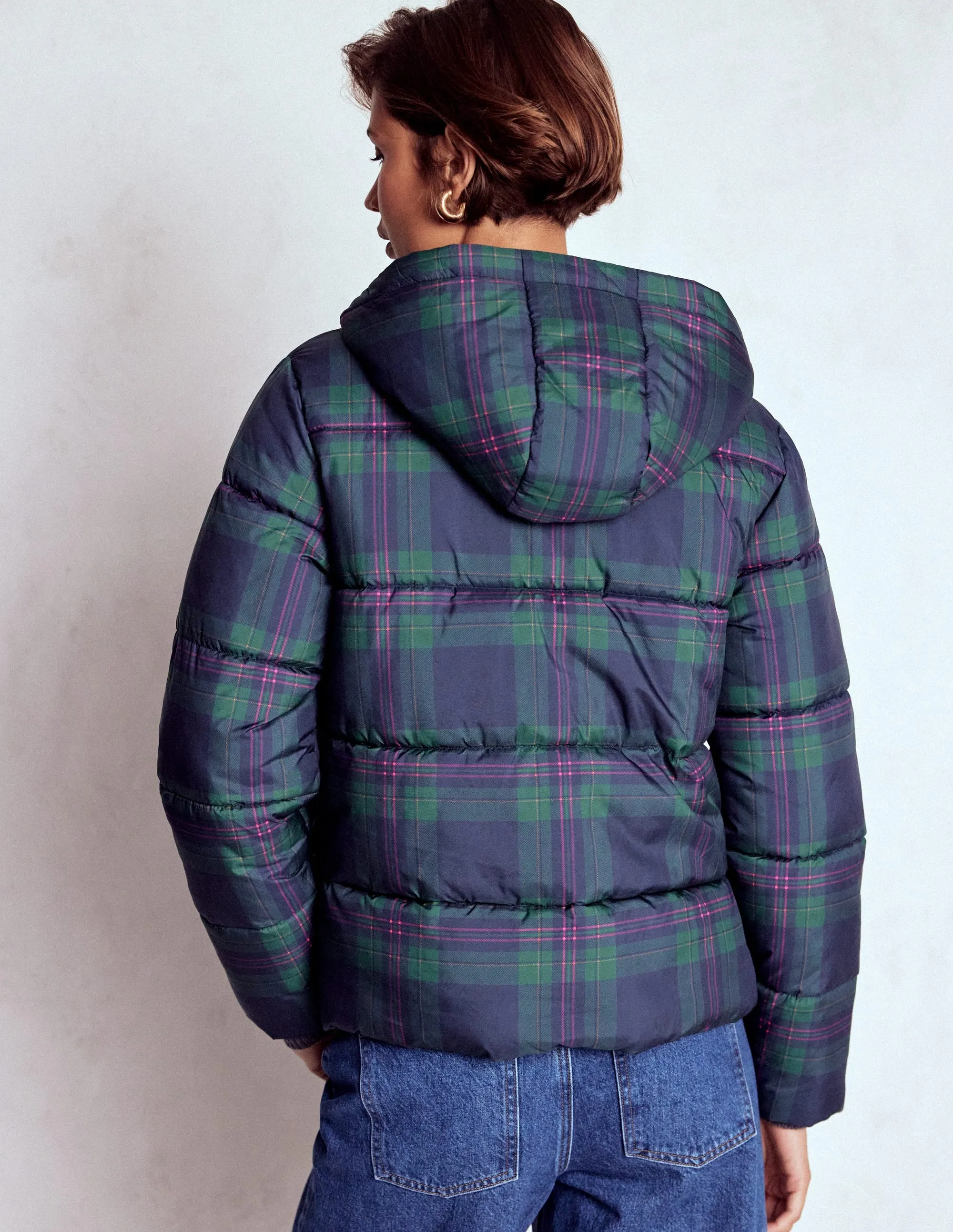 Padded Puffer Coat-Navy & Green Tonal Check Double Buttons
