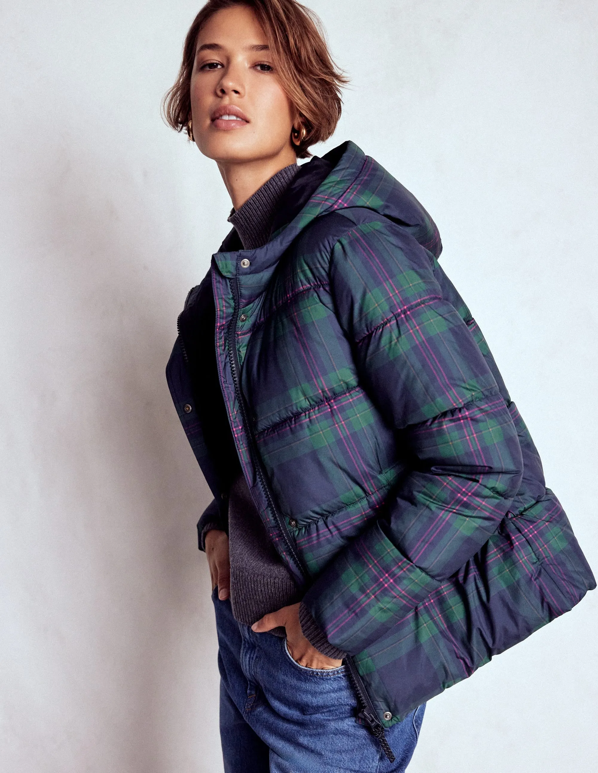 Sleek Comfort Sport Inspired Style Padded Puffer Coat-Navy & Green Tonal Check
