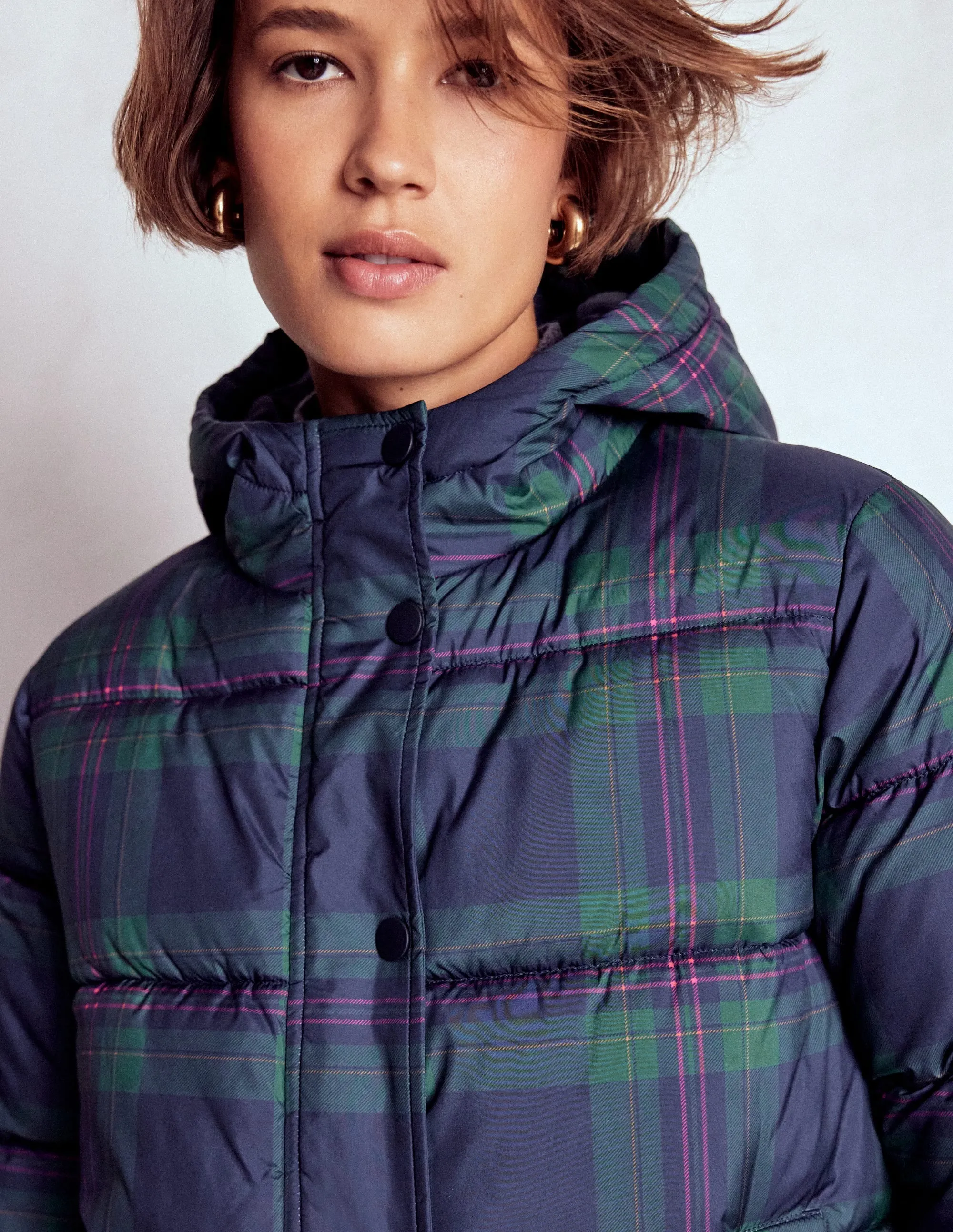 Padded Puffer Coat-Navy & Green Tonal Check Wrinkle resistant fabric