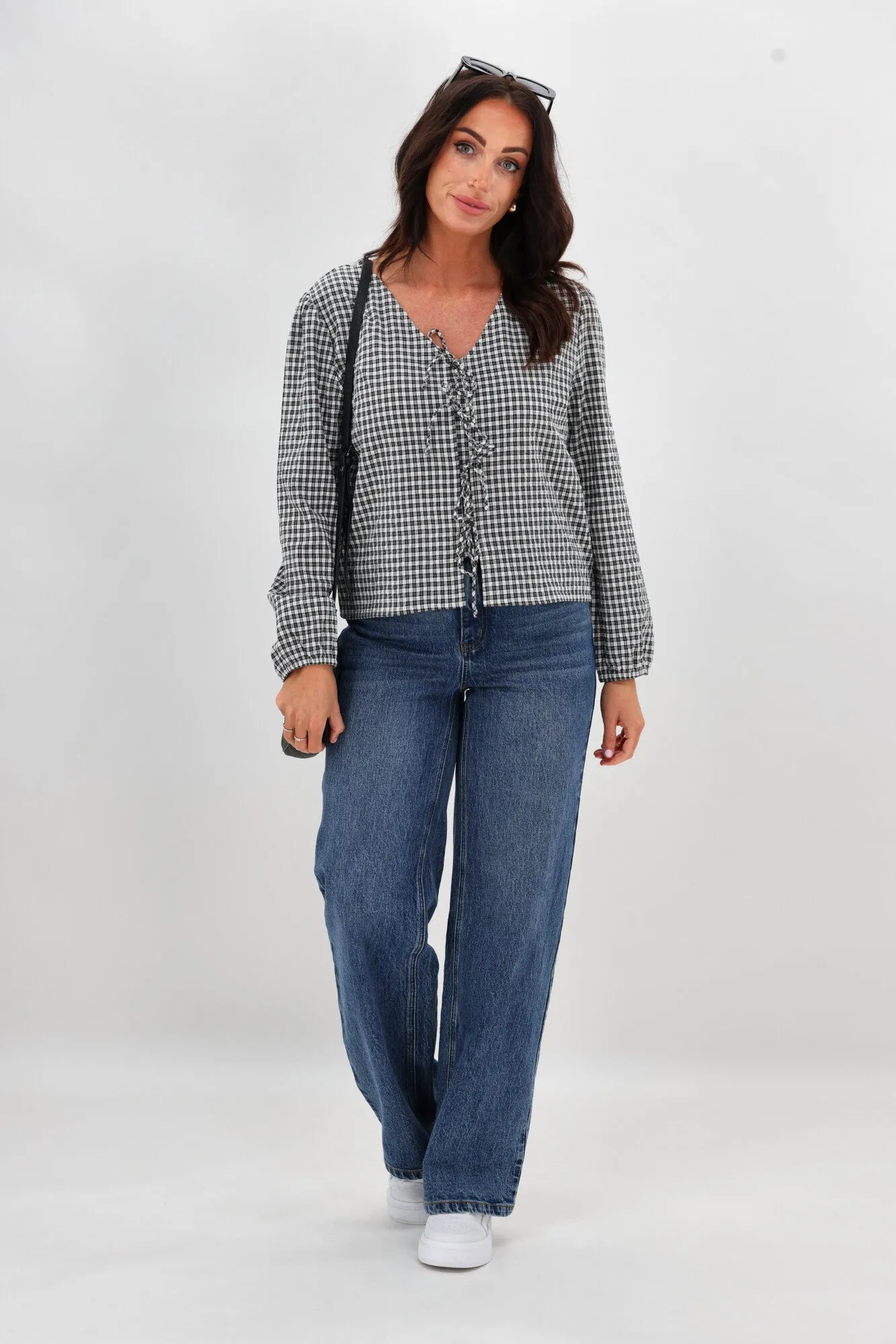 Shine On Label Sharin Top Black Gingham Neutral Tone Palette