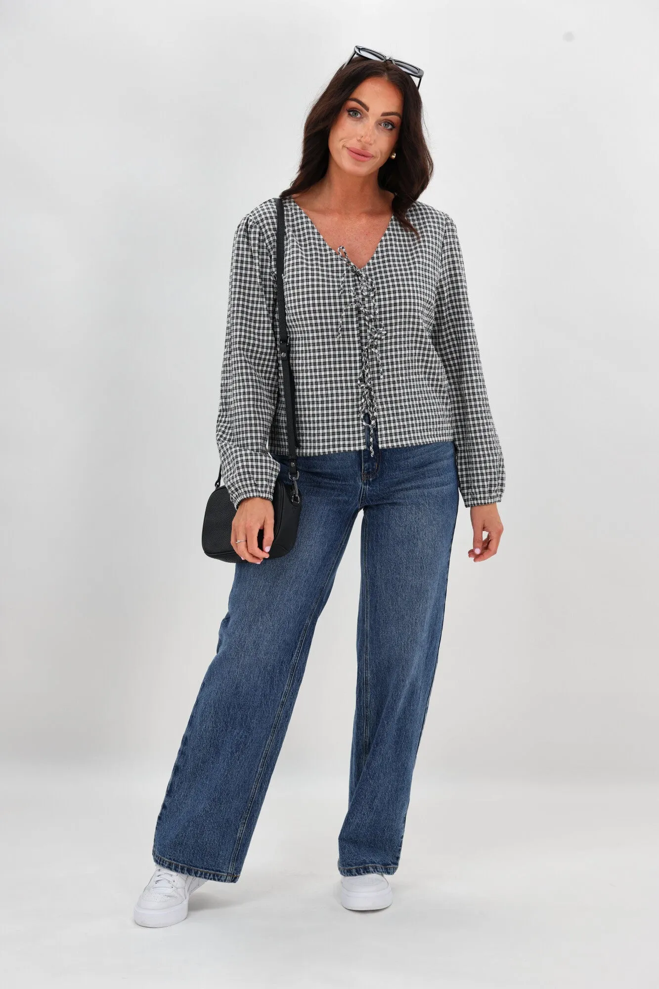 DoubleLayeredShoulders Sport Top Shine On Label Sharin Top Black Gingham