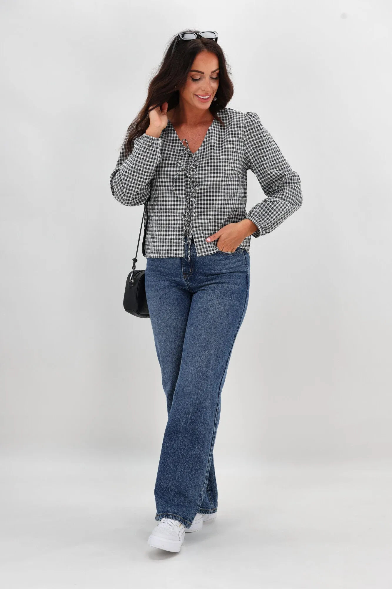 Shine On Label Sharin Top Black Gingham Built In Filter Layer Ribbed Hem Finish