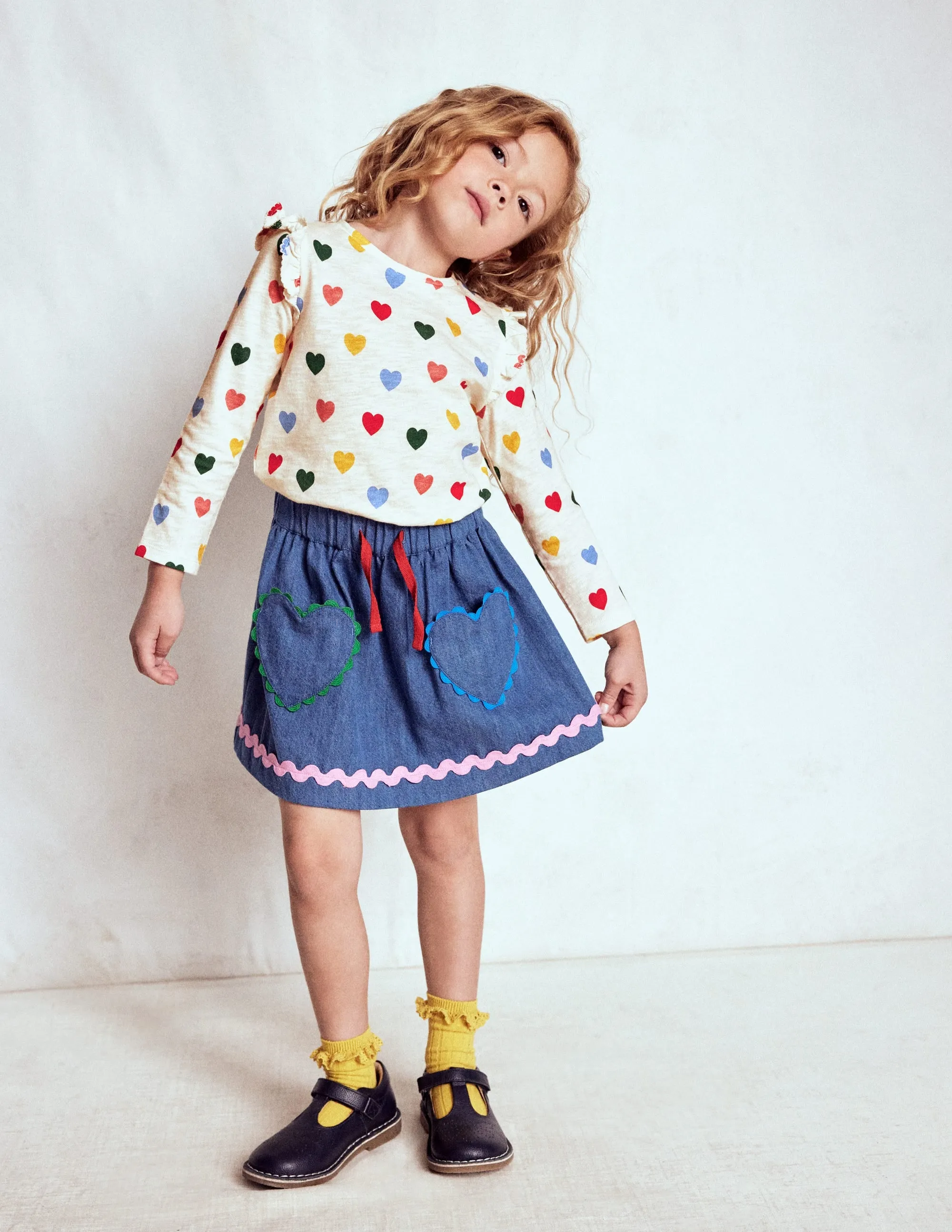 SweatWicking Fabric Lightweight Thermal Frill Sleeve Slub Top-Rainbow Hearts