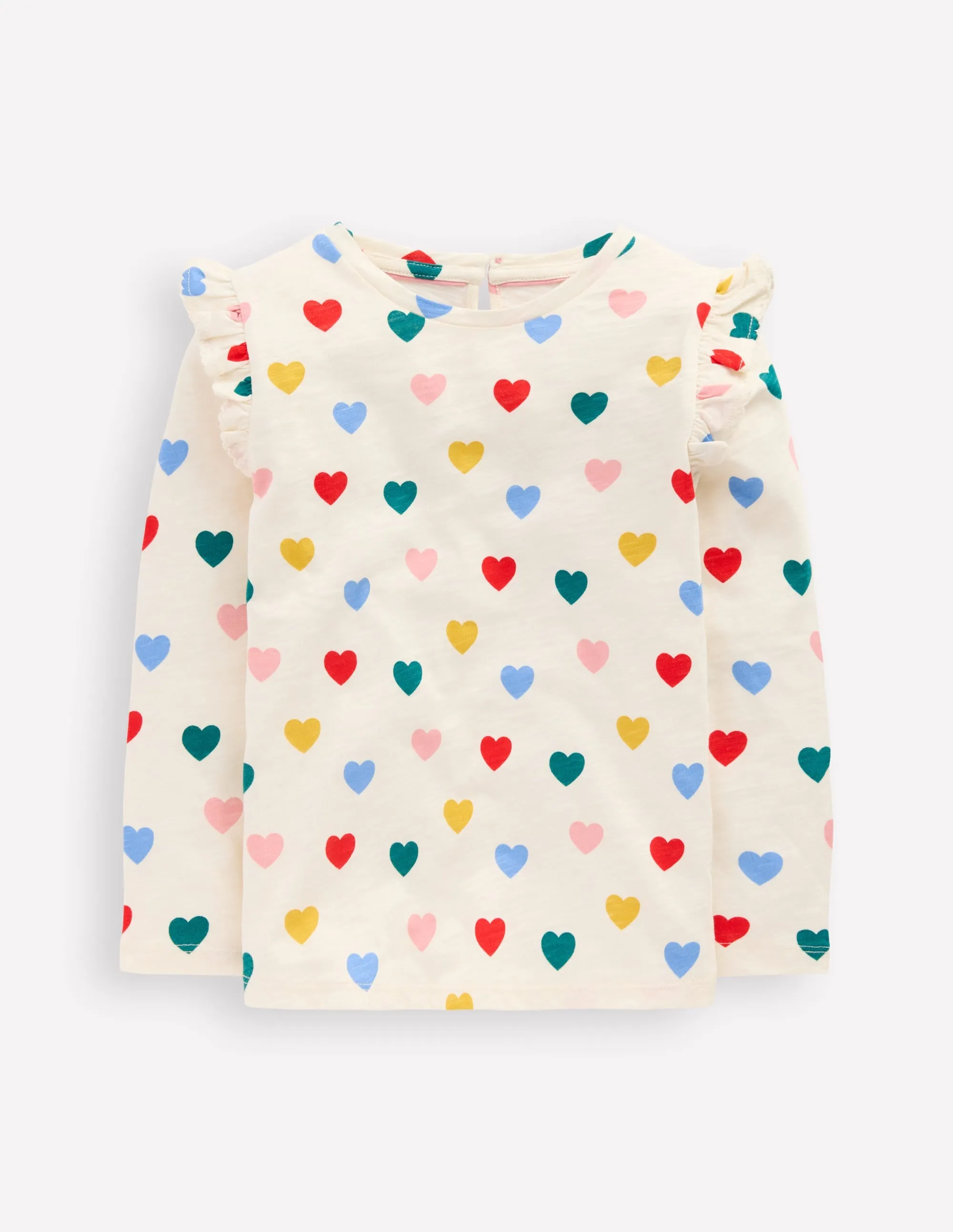 ConvertibleCollarSystem Reinforced Neckline Detail Frill Sleeve Slub Top-Rainbow Hearts