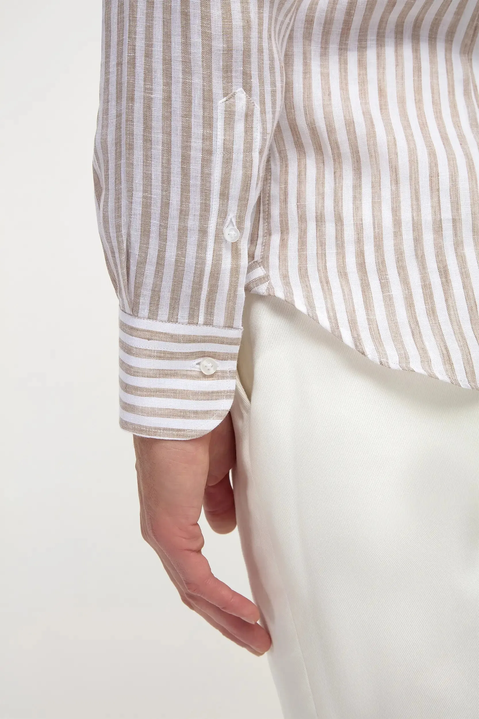Beige striped linen button down shirt - Made in Italy EcoDyeProcess