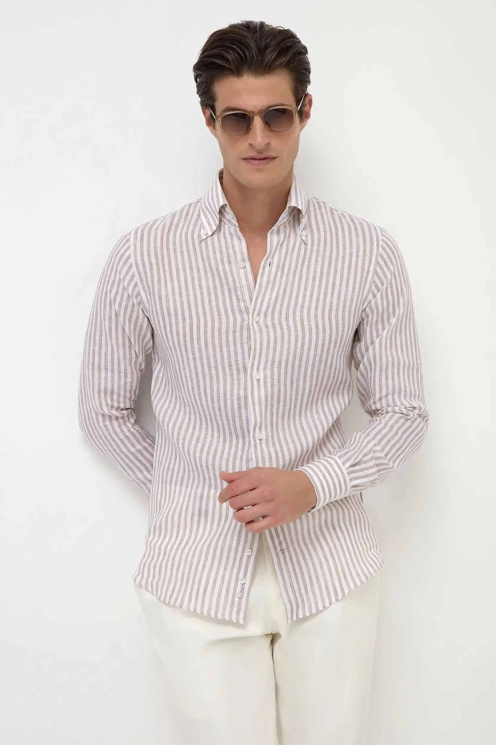Pure Core Beige striped linen button down shirt - Made in Italy