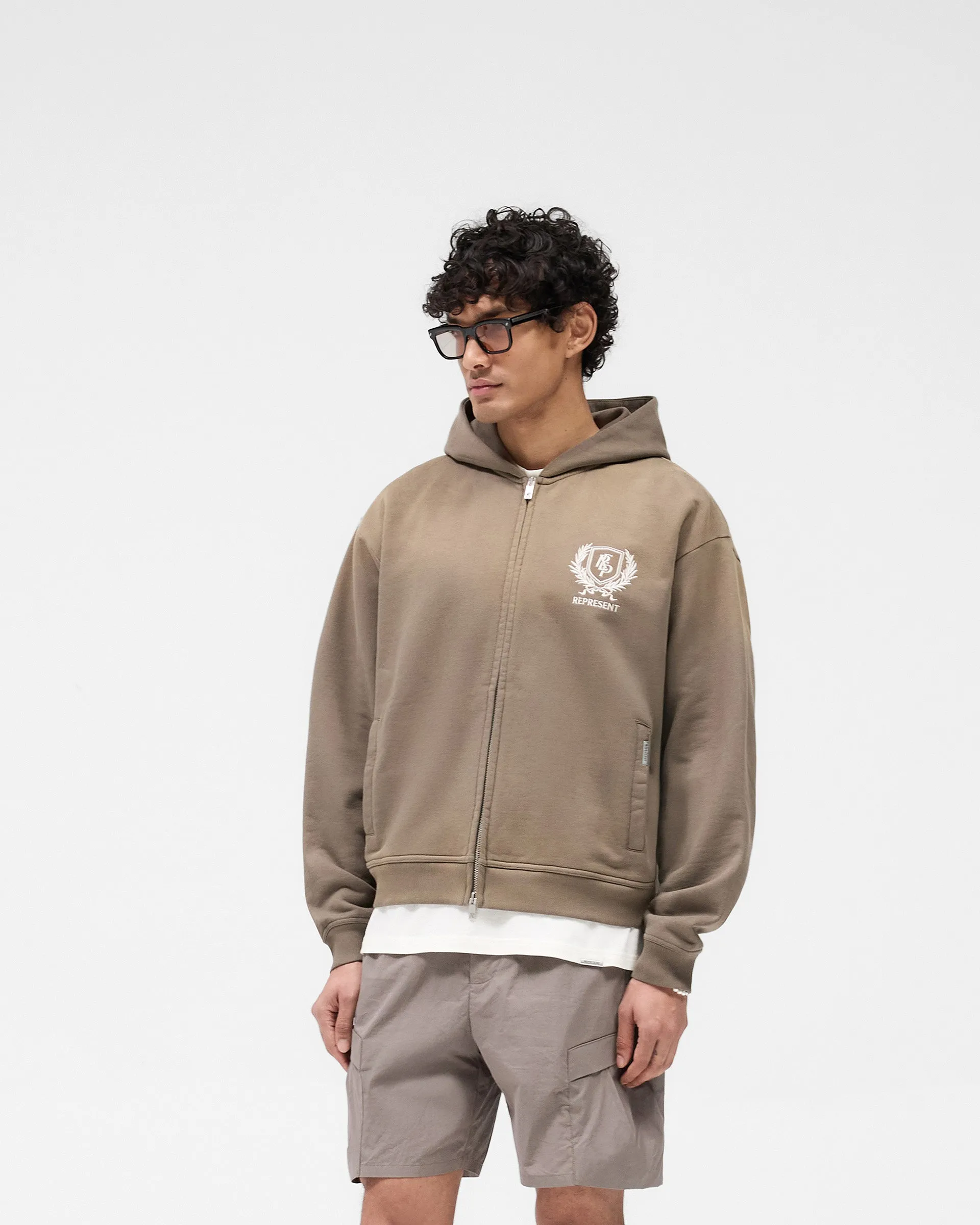 product business casual sophistication Crest Zip Up Hoodie - Dark Taupe